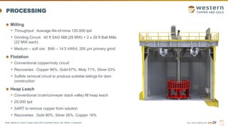 TSX | NYSE AMERICAN | WRN
PROCESSING
Milling
• Throughput: Average life-of-mine 120,000 tpd
• Grinding Circuit: 40 ft SAG Mill (29 MW) + 2 x 28 ft Ball Mills
(22 MW each)
• Medium – soft ore: BWi – 14.5 kWh/t, 200 µm primary grind
Flotation
• Conventional copper/moly circuit
• Recoveries: Copper 86%, Gold 67%, Moly 71%, Silver 53%
• Sulfide removal circuit to produce suitable tailings for dam
construction
Heap Leach
• Conventional crush/conveyer stack valley fill heap leach
• 25,000 tpd
• SART to remove copper from solution
• Recoveries: Gold 80%, Silver 26%, Copper 18%
29
Note: Based on Casino Copper-Gold 2022 Feasibility Study. See “Notes” in Appendix.
 
