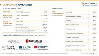 TSX | NYSE AMERICAN | WRN
CORPORATE OVERVIEW
3
CAPITAL STRUCTURE
LISTINGS TSX, NYSE American WRN
FINANCIALS
(Sept 30, 2024)
Cash & Investments C$74.9M
Debt Nil
SHARE
STRUCTURE
(Nov 29, 2024)
Share Price C$1.57
Market Cap C$311M
Shares Outstanding 198.2M
Options, Warrants, RSU/DSU 11.7M
OWNERSHIP
TOP
SHAREHOLDERS
(Public Disclosure)
Rio Tinto 9.7%
Management & Board 4.8%
Fidelity 4.5%
Mitsubishi Materials 4.1%
Konwave AG 3.9%
Kopernik Global Investors 3.2%
Franklin Resources 2.4%
Claret Asset Management 1.9%
EdgePoint Investment Group 1.2%
Herr Investment Group 0.8%
ANALYST COVERAGE (Average Target Price = C$4.40)
Source: Average analyst target price as of November 13, 2024; based on Agentis (n/a), Cormark (C$4.00), Eight (C$4.25), HCW (US$4.25), and National Bank (C$3.50).
 