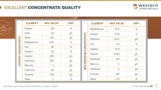 TSX | NYSE AMERICAN | WRN
EXCELLENT CONCENTRATE QUALITY
30
COPPER
CONCENTRATE
ELEMENT AVG VALUE UNIT
Copper 28 %
Gold 25 g/t
Silver 120 g/t
Molybdenum 0.05 %
Iron 26 %
Sulphur 36 %
Arsenic 200 g/t
Antimony 250 g/t
Mercury 1 g/t
Cadmium 40 g/t
Fluorine 100 g/t
Silica 2 %
MOLYBDENUM
CONCENTRATE
ELEMENT AVG VALUE UNIT
Molybdenum 57.4 %
Copper 0.39 %
Rhenium 133.5 g/t
Iron 0.8 %
Sulphur 37.9 %
Arsenic 1,659 g/t
Antimony 100 g/t
Mercury <1 g/t
Cadmium 3 g/t
Fluorine ND g/t
Silica 1.74 %
Note: Based on Casino Copper-Gold 2022 Feasibility Study. See “Notes” in Appendix.
 