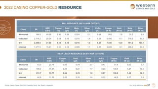 TSX | NYSE AMERICAN | WRN
2022 CASINO COPPER-GOLD RESOURCE
Source: Casino Copper-Gold 2022 Feasibility Study. See “Notes” in Appendix. 37
MILL RESOURCE ($6.11/t NSR CUTOFF)
Class Mt
NSR
(C$/t)
Copper
(%)
Gold
(g/t)
Moly
(%)
Silver
(g/t)
CuEq
(%)
Copper
(M lb)
Gold
(M oz)
Moly
(M lb)
Silver
(M oz)
Measured 144.9 40.09 0.30 0.38 0.024 2.1 0.64 953 1.8 75.2 9.6
Indicated 2,114.2 20.34 0.14 0.16 0.015 1.4 0.29 6,493 11.1 716.0 93.5
M+I 2,259.0 21.60 0.15 0.18 0.016 1.4 0.31 7,446 12.9 791.2 103.1
Inferred 1,371.5 15.41 0.10 0.14 0.009 1.1 0.21 3,029 6.1 286.0 50.5
HEAP LEACH RESOURCE ($6.61/t NSR CUT-OFF)
Class Mt
NSR
(C$/t)
Copper
(%)
Gold
(g/t)
Silver
(g/t)
AuEq
(g/t)
Copper
(M lb)
Gold
(M oz)
Silver
(M oz)
Measured 43.3 23.79 0.05 0.44 2.7 0.47 51.5 0.62 3.7
Indicated 188.4 11.47 0.04 0.21 1.7 0.23 145.4 1.27 10.4
M+I 231.7 13.77 0.04 0.25 1.9 0.27 196.9 1.88 14.1
Inferred 40.9 11.33 0.05 0.20 1.4 0.22 46.9 0.27 1.9
 