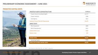 TSX : WRN I NYSE AMERICAN : WRN
PRELIMINARY ECONOMIC ASSESSMENT – JUNE 2021
PROCESS PLANT & INFRASTRUCTURE $ Millions
Project Directs (including freight) $1,777
Project Indirects $390
Contingency $412
Subtotal Process Plant & Infrastructure $2,579
MINE COSTS
Mine Equipment $409
Mine Preproduction $211
Subtotal Mine Costs $620
Owners Costs $52
GRAND TOTAL $3,251
Sustaining Capital $719
TOTAL LIFE OF MINE CAPITAL COSTS $3,970
PROJECTED CAPITAL COSTS
Note: Based on Casino 2021 PEA , see “Notes” in Appendix.
17
Developing Canada’s Premier Copper-Gold Mine
 