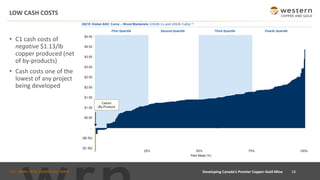 TSX : WRN I NYSE AMERICAN : WRN
LOW CASH COSTS
18
Developing Canada’s Premier Copper-Gold Mine
• C1 cash costs of
negative $1.13/lb
copper produced (net
of by-products)
• Cash costs one of the
lowest of any project
being developed
 