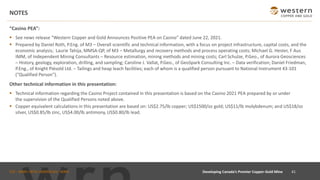 TSX : WRN I NYSE AMERICAN : WRN
NOTES
“Casino PEA”:
▪ See news release “Western Copper and Gold Announces Positive PEA on Casino” dated June 22, 2021.
▪ Prepared by Daniel Roth, P.Eng. of M3 – Overall scientific and technical information, with a focus on project infrastructure, capital costs, and the
economic analysis; Laurie Tahija, MMSA-QP, of M3 – Metallurgy and recovery methods and process operating costs; Michael G. Hester, F Aus
IMM, of Independent Mining Consultants – Resource estimation, mining methods and mining costs; Carl Schulze, P.Geo., of Aurora Geosciences
– History, geology, exploration, drilling, and sampling; Caroline J. Vallat, P.Geo., of GeoSpark Consulting Inc. – Data verification; Daniel Friedman,
P.Eng., of Knight Piésold Ltd. – Tailings and heap leach facilities; each of whom is a qualified person pursuant to National Instrument 43-101
("Qualified Person").
Other technical information in this presentation:
▪ Technical information regarding the Casino Project contained in this presentation is based on the Casino 2021 PEA prepared by or under
the supervision of the Qualified Persons noted above.
▪ Copper equivalent calculations in this presentation are based on: US$2.75/lb copper; US$1500/oz gold; US$11/lb molybdenum; and US$18/oz
silver, US$0.85/lb zinc, US$4.00/lb antimony, US$0.80/lb lead.
41
Developing Canada’s Premier Copper-Gold Mine
 