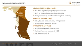 TSX : WRN I NYSE AMERICAN : WRN
WRN AND THE CASINO DEPOSIT
SIGNIFICANT COPPER-GOLD PROJECT
✓ One of the largest copper-gold projects in Canada
✓ New PEA shows robust economics and long life
✓ Strategic investment from Rio Tinto strengthens credibility
LOCATED IN THE RIGHT PLACE
✓ Yukon, Canada – a new emerging mining district
✓ Straightforward permitting process
CONTINUING TO ADD VALUE
✓ History of derisking and value creation
✓ Significant Resource expansion in 2020
✓ PEA, released Q2-2021
5
Developing Canada’s Premier Copper-Gold Mine
CASINO
PROJECT
Whitehorse
Vancouver
B.C
YUKON
ALASKA
Skagway
 