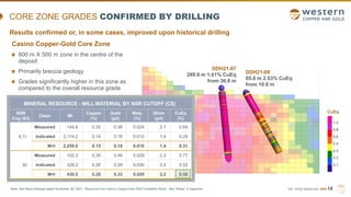 TSX | NYSE AMERICAN | WRN
CORE ZONE GRADES CONFIRMED BY DRILLING
Casino Copper-Gold Core Zone
800 m X 500 m zone in the centre of the
deposit
Primarily breccia geology
Grades significantly higher in this zone as
compared to the overall resource grade
14
Note: See News Release dated November 29, 2021. Resource from Casino Copper-Gold 2022 Feasibility Study. See “Notes” in Appendix.
DDH21-09
65.8 m 2.53% CuEq
from 10.6 m
DDH21-07
289.6 m 1.01% CuEq
from 36.6 m
CuEq
1.0
0.8
0.6
0.4
0.3
0.2
0.1
Results confirmed or, in some cases, improved upon historical drilling
MINERAL RESOURCE - MILL MATERIAL BY NSR CUTOFF (C$)
NSR
Cog ($/t)
Class Mt
Copper
(%)
Gold
(g/t)
Moly
(%)
Silver
(g/t)
CuEq
(%)
6.11
Measured 144.9 0.30 0.38 0.024 2.1 0.64
Indicated 2,114.2 0.14 0.16 0.015 1.4 0.29
M+I 2,259.0 0.15 0.18 0.016 1.4 0.31
30
Measured 102.3 0.35 0.46 0.029 2.3 0.77
Indicated 328.2 0.26 0.29 0.030 2.2 0.52
M+I 430.5 0.28 0.33 0.029 2.2 0.58
 
