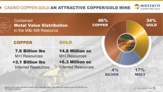 TSX | NYSE AMERICAN | WRN
CASINO COPPER-GOLD AN ATTRACTIVE COPPER/GOLD MINE
9
Contained
Metal Value Distribution
in the M&I Mill Resource
46%
COPPER
34%
GOLD
4%
SILVER
17%
MOLY
COPPER GOLD
7.6 Billion lbs
M+I Resources
+3.1 Billion lbs
Inferred Resources
14.8 Million oz
M+I Resources
+6.3 Million oz
Inferred Resources
Source: Casino Copper-Gold 2022 Feasibility Study. US$3.60/lb copper, US$1,700/oz gold, US$22/oz silver, and US$14/lb moly.
See “Notes” in Appendix.
 