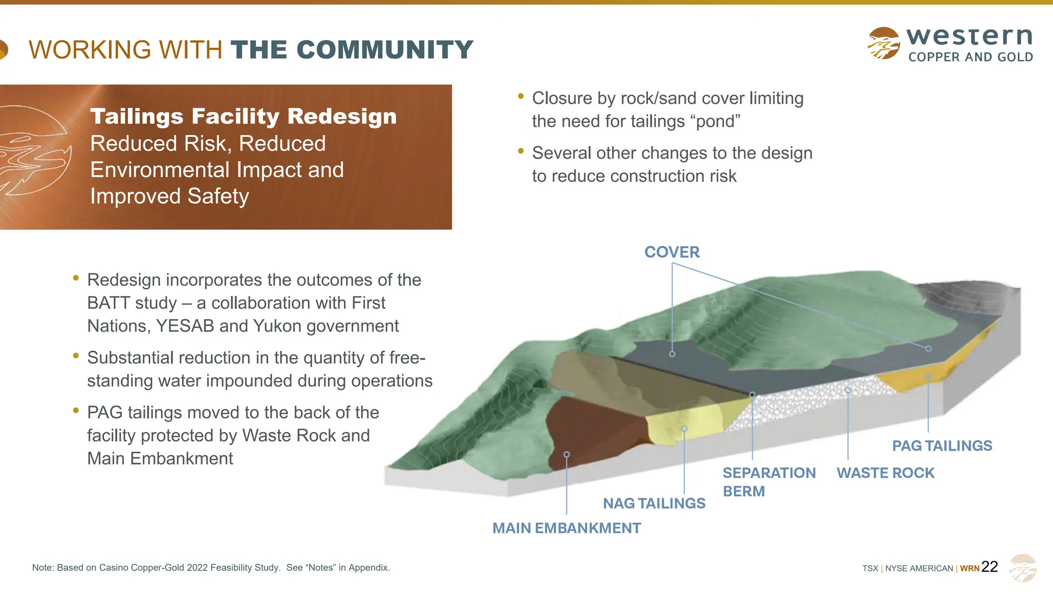 TSX | NYSE AMERICAN | WRN
WORKING WITH THE COMMUNITY
• Closure by rock/sand cover limiting
the need for tailings “pond”
• Several other changes to the design
to reduce construction risk
Tailings Facility Redesign
Reduced Risk, Reduced
Environmental Impact and
Improved Safety
• Redesign incorporates the outcomes of the
BATT study – a collaboration with First
Nations, YESAB and Yukon government
• Substantial reduction in the quantity of free-
standing water impounded during operations
• PAG tailings moved to the back of the
facility protected by Waste Rock and
Main Embankment
22
Note: Based on Casino Copper-Gold 2022 Feasibility Study. See “Notes” in Appendix.
 