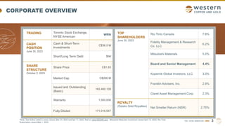 TSX | NYSE AMERICAN | WRN
CORPORATE OVERVIEW
3
TRADING Toronto Stock Exchange,
NYSE American
WRN
CASH
POSITION
June 30, 2023
Cash & Short-Term
Investments
C$36.5 M
Short/Long Term Debt $Nil
SHARE
STRUCTURE
October 2, 2023
Share Price C$1.83
Market Cap C$296 M
Issued and Outstanding
(Basic)
162,460,128
Warrants 1,500,000
Fully Diluted 171,016,547
TOP
SHAREHOLDERS
June 30, 2023
Rio Tinto Canada 7.8%
Fidelity Management & Research
Co. LLC
6.2%
Mitsubishi Materials 5.0%
Board and Senior Management 4.4%
Kopernik Global Investors, LLC 3.0%
Franklin Advisers, Inc. 2.9%
Claret Asset Management Corp. 2.3%
ROYALTY
(Osisko Gold Royalties)
Net Smelter Return (NSR) 2.75%
*Note: See further detail in press release Mar 24, 2023 and Apr 11, 2023, filed on www.SEDAR.com. Mitsubishi Materials investment closed April 14, 2023, Rio Tinto
Subscription closed May 1, 2023.
 