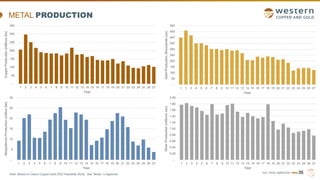TSX | NYSE AMERICAN | WRN
METAL PRODUCTION
36
-
50
100
150
200
250
300
350
1 2 3 4 5 6 7 8 9 10 11 12 13 14 15 16 17 18 19 20 21 22 23 24 25 26 27
Copper
Production
(millions
lbs)
Year
-
50
100
150
200
250
300
350
400
450
500
1 2 3 4 5 6 7 8 9 10 11 12 13 14 15 16 17 18 19 20 21 22 23 24 25 26 27
Gold
Production
(thousands
ozs)
Year
-
5
10
15
20
25
30
1 2 3 4 5 6 7 8 9 10 11 12 13 14 15 16 17 18 19 20 21 22 23 24 25 26 27
Molybdenum
Production
(million
lbs)
Year
-
0.20
0.40
0.60
0.80
1.00
1.20
1.40
1.60
1.80
2.00
1 2 3 4 5 6 7 8 9 10 11 12 13 14 15 16 17 18 19 20 21 22 23 24 25 26 27
Silver
Production
(millions
ozs)
Year
Note: Based on Casino Copper-Gold 2022 Feasibility Study. See “Notes” in Appendix.
 