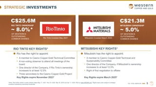 TSX | NYSE AMERICAN | WRN
*Note: See further detail in press release dated May 17, 2021, Nov 23, 2022, Mar 24, 2023 and Apr 11, 2023, filed on www.SEDAR.com. Rights expiry also subject to strategic
investors maintaining ownership thresholds.
STRATEGIC INVESTMENTS
5
RIO TINTO KEY RIGHTS*
Rio has the right to appoint:
• A member to Casino Copper-Gold Technical Committee
• A non-voting observer to attend all meetings of the
board
• One director of the Company, if Rio Tinto’s ownership
increases to at least 12.5%
• Three secondees to the Casino Copper-Gold Project
Key Rights expire November 2023*
C$25.6M
~ 8.0%*
OF WESTERN’S
OUTSTANDING
COMMON SHARES
RIO TINTO OWNERSHIP
Mitsubishi has the right to appoint:
• A member to Casino Copper-Gold Technical and
Sustainability Committee
• One director of the Company, if Mitsubishi’s ownership
increases to at least 12.5%
• Right of first negotiation to offtake
Key Rights expire March 2025*
C$21.3M
~ 5.0%
OF WESTERN’S
OUTSTANDING
COMMON SHARES
MITSUBISHI OWNERSHIP
Rio Tinto invested May 2021 Mitsubishi invested March 2023
MITSUBISHI KEY RIGHTS*
 
