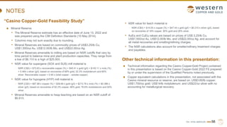 TSX | NYSE AMERICAN | WRN
NOTES
Mineral Reserve
• The Mineral Reserve estimate has an effective date of June 13, 2022 and
was prepared using the CIM Definition Standards (10 May 2014).
• Columns may not sum exactly due to rounding.
• Mineral Reserves are based on commodity prices of US$3.25/lb Cu,
US$1,550/oz Au, US$12.00/lb Mo, and US$22.00/oz Ag.
• Mineral Reserves amenable to milling are based on NSR cutoffs that vary by
time period to balance mine and plant production capacities. They range from
a low of $6.11/t to a high of $25.00/t.
• NSR value for supergene (SOX and SUS) mill material is
- NSR (C$/t) = $73.63 x recoverable copper (%) + $40.41 x gold (g/t) + $142.11 x moly (%)
+ 0.464 x silver (g/t), based on recoveries of 69% gold, 52.3% molybdenum and 60%
silver. Recoverable copper = 0.94 x (total copper – soluble copper).
• NSR value for hypogene (HYP) mill material is
- NSR (C$/t) = $67.88 x copper (%) + $38.66 x gold (g/t) + $213.78 x moly (%) + $0.386 x
silver (g/t), based on recoveries of 92.2% copper, 66% gold, 78.6% molybdenum and 50%
silver.
• Mineral Reserves amenable to heap leaching are based on an NSR cutoff of
$6.61/t.
56
“Casino Copper-Gold Feasibility Study”
Other technical information in this presentation:
• NSR value for leach material is
- NSR (C$/t) = $14.05 x copper (%) + $47.44 x gold (g/t) + $0.210 x silver (g/t), based
on recoveries of 18% copper, 80% gold and 26% silver.
• AuEq and CuEq values are based on prices of US$ 3.25/lb Cu,
US$1,550/oz Au, US$12.00/lb Mo, and US$22.00/oz Ag, and account for
all metal recoveries and smelting/refining charges.
• The NSR calculations also account for smelter/refinery treatment charges
and payables.
Technical information regarding the Casino Copper-Gold Project contained
in this presentation is based on the Casino Copper-Gold 2022 FS prepared
by or under the supervision of the Qualified Persons noted previously.
Copper equivalent calculations in this presentation, not associated with the
Casino mineral resource or reserve, are based on: US$3.60/lb copper;
US$1,700/oz gold; US$14/lb molybdenum; and US$22/oz silver with no
accounting for metallurgical recovery.
 
