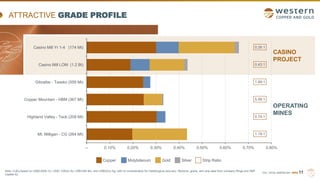 TSX | NYSE AMERICAN | WRN 11
CASINO
PROJECT
OPERATING
MINES
ATTRACTIVE GRADE PROFILE
Copper Molybdenum Gold Silver Strip Ratio
Note: CuEq based on US$3.60/lb Cu, US$1,700/oz Au, US$14/lb Mo, and US$22/oz Ag, with no consideration for metallurgical recovery. Reserve, grade, and strip data from company filings and S&P
Capital IQ.
1.19:1
0.74:1
5.56:1
1.49:1
0.43:1
0.26:1
-- 0.10% 0.20% 0.30% 0.40% 0.50% 0.60% 0.70% 0.80%
Mt. Milligan - CG (264 Mt)
Highland Valley - Teck (209 Mt)
Copper Mountain - HBM (367 Mt)
Gibraltar - Taseko (559 Mt)
Casino Mill LOM (1.2 Bt)
Casino Mill Yr 1-4 (174 Mt)
 