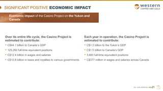 TSX | NYSE AMERICAN | WRN
SIGNIFICANT POSITIVE ECONOMIC IMPACT
Over its entire life cycle, the Casino Project is
estimated to contribute:
• C$44.1 billion to Canada’s GDP
• 125,260 full-time equivalent positions
• C$12.4 billion in wages and salaries
• C$12.8 billion in taxes and royalties to various governments
21
Each year in operation, the Casino Project is
estimated to contribute:
• C$1.3 billion to the Yukon’s GDP
• C$1.5 billion to Canada’s GDP
• 3,660 full-time equivalent positions
• C$377 million in wages and salaries across Canada
Economic Impact Casino Project
on the Yukon and Canada
Economic impact of the Casino Project on the Yukon and
Canada
 