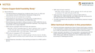 TSX | NYSE AMERICAN | WRN
NOTES
Mineral Reserve
• The Mineral Reserve estimate has an effective date of June 13, 2022 and
was prepared using the CIM Definition Standards (10 May 2014).
• Columns may not sum exactly due to rounding.
• Mineral Reserves are based on commodity prices of US$3.25/lb Cu,
US$1,550/oz Au, US$12.00/lb Mo, and US$22.00/oz Ag.
• Mineral Reserves amenable to milling are based on NSR cutoffs that vary by
time period to balance mine and plant production capacities. They range from
a low of $6.11/t to a high of $25.00/t.
• NSR value for supergene (SOX and SUS) mill material is
- NSR (C$/t) = $73.63 x recoverable copper (%) + $40.41 x gold (g/t) + $142.11 x moly (%)
+ 0.464 x silver (g/t), based on recoveries of 69% gold, 52.3% molybdenum and 60%
silver. Recoverable copper = 0.94 x (total copper – soluble copper).
• NSR value for hypogene (HYP) mill material is
- NSR (C$/t) = $67.88 x copper (%) + $38.66 x gold (g/t) + $213.78 x moly (%) + $0.386 x
silver (g/t), based on recoveries of 92.2% copper, 66% gold, 78.6% molybdenum and 50%
silver.
• Mineral Reserves amenable to heap leaching are based on an NSR cutoff of
$6.61/t.
35
“Casino Copper-Gold Feasibility Study”
Other technical information in this presentation:
• NSR value for leach material is
- NSR (C$/t) = $14.05 x copper (%) + $47.44 x gold (g/t) + $0.210 x silver (g/t), based
on recoveries of 18% copper, 80% gold and 26% silver.
• AuEq and CuEq values are based on prices of US$ 3.25/lb Cu,
US$1,550/oz Au, US$12.00/lb Mo, and US$22.00/oz Ag, and account for
all metal recoveries and smelting/refining charges.
• The NSR calculations also account for smelter/refinery treatment charges
and payables.
Technical information regarding the Casino Copper-Gold Project contained
in this presentation is based on the Casino Copper-Gold 2022 FS prepared
by or under the supervision of the Qualified Persons noted previously.
Copper equivalent calculations in this presentation, not associated with the
Casino mineral resource or reserve, are based on: US$3.60/lb copper;
US$1,700/oz gold; US$14/lb molybdenum; and US$22/oz silver with no
accounting for metallurgical recovery.
 