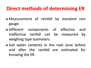 Direct methods of determining ER
Measurement of rainfall by standard rain
gauge.
Different components of effective and
ineffective rainfall can be measured by
weighing type lysimeters.
Soil water contents in the root zone before
and after the rainfall are estimated for
knowing the ER
 