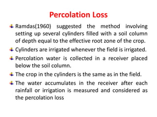 Percolation Loss
Ramdas(1960) suggested the method involving
setting up several cylinders filled with a soil column
of depth equal to the effective root zone of the crop.
Cylinders are irrigated whenever the field is irrigated.
Percolation water is collected in a receiver placed
below the soil column.
The crop in the cylinders is the same as in the field.
The water accumulates in the receiver after each
rainfall or irrigation is measured and considered as
the percolation loss
 