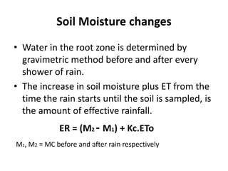 Soil Moisture changes
• Water in the root zone is determined by
gravimetric method before and after every
shower of rain.
• The increase in soil moisture plus ET from the
time the rain starts until the soil is sampled, is
the amount of effective rainfall.
ER = (M2 - M1) + Kc.ETo
M1, M2 = MC before and after rain respectively
 