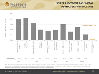 22
SELECT PRECEDENT BASE METAL
DEVELOPER TRANSACTIONS
Developing Canada’s Premier Copper-Gold Mine
0.00x
0.25x
0.50x
0.75x
1.00x
1.25x
ThompsonCreek>
Terrane
HudBay>
Norsemont
Capstone>FarWest
Stillwater>
Peregrine
Mercator>Creston
Moly
CupricCanyon>
HanaMining
Lundin>EagleMine
PanAust>Frieda
RiverProject
HudBay>Augusta
FirstQuantum>
Lumina
WesternCopper&
Gold
2
Average P/NAV: 0.63x
Price/NetAssetValue
Announce Date Jul-10 Jan-11 Apr-11 Jul-11 Apr-11 Oct-12 Jun-13 Nov-13 Feb-14 Aug-14
2010 2011 2012 2013 2014 YTD
Note: Western Copper and Gold is followed by the analysts listed above. Please note that any opinions, estimates or forecasts regarding Western Copper and Gold’s  performance made by these
analysts are theirs alone and do not represent opinions, forecasts or predictions of Western Copper and Gold or its management.  Western Copper and Gold does not by its reference above or
distribution imply its endorsement of or concurrence with such information, conclusions or recommendations.
 