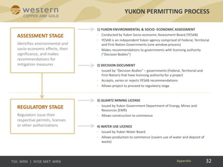32
1) YUKON ENVIRONMENTAL & SOCIO- ECONOMIC ASSESSMENT
• Conducted by Yukon Socio-economic Assessment Board (YESAB)
• YESAB is an independent Yukon agency comprised of Federal, Territorial
and First Nation Governments (one window process)
• Makes recommendations to governments with licensing authority
(“Decision Bodies”)
2) DECISION DOCUMENT
• Issued by “Decision Bodies” – governments (Federal, Territorial and
First Nation) that have licensing authority for a project
• Accepts, varies or rejects YESAB recommendations
• Allows project to proceed to regulatory stage
3) QUARTZ MINING LICENSE
• Issued by Yukon Government Department of Energy, Mines and
Resources (EMR)
• Allows construction to commence
4) WATER USE LICENCE
• Issued by Yukon Water Board
• Allows production to commence (covers use of water and deposit of
waste)
YUKON PERMITTING PROCESS
Appendix
ASSESSMENT STAGE
Identifies environmental and
socio-economic effects, their
significance, and makes
recommendations for
mitigation measures
REGULATORY STAGE
Regulators issue their
respective permits, licenses
or other authorizations
 