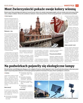 NR 4 (117) – LUTY 2023
7
INWESTYCJE
Remont mostu Zwierzynieckiego miał zakończyć się przed nowym rokiem, ale z powodu niesprzyjającej pogody część prac musiała zostać wstrzymana. Wyko-
nawcy czekają na cieplejsze i dłuższe dni, by dokończyć malowanie i ułożyć płyty granitowe. W lutym pracują pod mostem – przy kamiennych przyczółkach.
I Błażej Organisty
Renowacja Zwierzynieckiego za-
częła się w październiku 2021
roku i miała potrwać rok, ale na
finał trzeba jeszcze poczekać.
Część prac musiała być zawie-
szona. Z ich wznowieniem wyko-
nawcy czekają na lepszą pogodę.
Jeśli aura dopisze, remont powi-
nien zakończyć się ciepłą wiosną.
Malowanie – stop
Zima uniemożliwiła malowa-
nie konstrukcji stalowej mostu
i nakładanie powłok antykoro-
zyjnych, dlatego wciąż jest ona
osłonięta plandekami. - Okno
pogodowe, jakie występuje w cią-
gu dnia, jest zbyt krótkie, aby
wykonać czyszczenie i malowa-
nie. Wobec tego prace antykoro-
zyjne będziemy mogli wznowić
najprawdopodobniej dopiero na
przełomie lutego i marca – zapo-
wiada Ewa Mazur z Zarządu Dróg
i Utrzymania Miasta.
– Chodnik północny jest gotowy,
ruch pieszy i rowerowy odbywa-
ją się po nim od lipca minionego
roku. Wymaga jeszcze położenia
granitowych płyt, które zostaną
zamontowane na samym koń-
cu inwestycji - aby nie uległy
uszkodzeniu bądź zabrudzeniu
przy toczących się jeszcze pra-
cach malarskich na górze kon-
strukcji – tłumaczy Ewa Mazur.
Poza tym, z granitami – tak jak
z malowaniem i zabezpieczaniem
– trzeba poczekać na wyższe
temperatury, bo do ich układania
używa się zapraw, klejów i kitów.
Oprócz zimna tym materiałom
nie służą opady. Z tak starym
mostem, budowanym w latach
1895–97 według projektu Richar-
da Plüddemanna i Karla Klimma,
trzeba obchodzić się niezwykle
ostrożnie.
– Prace renowacyjne i konserwa-
torskie na obiekcie zabytkowym
tej klasy wymagają wyjątkowej
staranności, precyzji i jakości –
zaznacza Ewa Mazur.
Praca przy przyczółkach
Malowanie i układanie płyt chod-
nikowych czekają, ale nie wszyst-
kie prace są wstrzymane. Obecnie
na moście trwa odbudowa górnej
części ścian murowanych, ka-
miennych przyczółków podpie-
rających koniec krańcowego
przęsła mostu; prowadzone
są roboty renowacyjne
i konserwacyjne (piasko-
wanie, fugowanie) ko-
mór serwisowych przy
każdym z przyczółków.
Niektóre zadania wy-
konywane są z dala od
mostu. Przygotowywane
są balustrady, które będą za-
montowane na chodniku, a także
trwa renowacja osłon wieszaków,
za pomocą których będzie przy-
mocowana płyta nośna mostu. Te
elementy są piaskowane i malo-
wane. Część z nich trzeba było
odtworzyć i zrobić nowy odlew,
bo były w fatalnym stanie tech-
nicznym.
Zieleń, czerwień i czerń
W nowej odsłonie Zwierzyniecki
nie będzie żółty, lecz w kolorach:
zielonym (kratownica), czer-
wonym (balustrady) i czarnym
(latarnie). Pomimo trwające-
go remontu, mosty cały czas są
przejezdne. Renowację wykonują
firmy z Wrocławia: Probudowa
i Rotomat. Inwestycja kosztu-
je ponad 9 mln zł. Płaci za nią
gmina Wrocław, a nadzór nad nią
sprawuje ZDiUM.
Most Zwierzyniecki pokaże swoje kolory wiosną
Most Zwierzyniecki cały czas jest przejezdny. Barwa balustrad to czerwień żelazowa (zdj. w kółku)
Mierzą 6 metrów i ważą 50 kilogramów. Reagują na ruch z odległości 15 metrów, a działać będą ćwierć wieku. Zarząd Zasobu Komunalnego we Wrocławiu zamon-
tował 11 nowych lamp solarno-ledowych na terenie pięciu gminnych podwórek. Kosztowały 175 tysięcy złotych. Są ekologiczne i estetyczne.
I Redakcja
Lampy solarno-ledowe są trwałe,
ładne i - co najważniejsze - eko-
logiczne. Aby świecić, wykorzy-
stują energię słoneczną, więc nie
trzeba ich podłączać do instalacji
elektrycznej. Jedyne, czego wy-
magają, to wymiana baterii raz
na 10 lat.
Gdzie świecą?
W ramach testu lampy zamon-
towano najpierw na pięciu miej-
skich podwórkach. Znajdują się
one w obrębie ulic:
◼ Kluczborskiej, Żeromskiego,
Nowowiejskiej, Barlickiego –
trzy lampy
◼ Daszyńskiego, Wyszyńskie-
go, Damrota, Lompy – dwie
lampy
◼ Francuskiej, Norweskiej,
Holenderskiej, Belgijskiej
i Klecińskiej – dwie lampy
◼ Sienkiewicza, Świętokrzy-
skiej, Prusa, Matejki – dwie
lampy
◼ Piłsudskiego, pl. Legionów,
pl. Muzealny, ul. Muzealna –
dwie lampy.
Jak działają?
Lampy posiadają wbudowa-
ną czujkę, która uruchamia się
automatycznie po zapadnięciu
zmroku. Gdy ta czujka wychwyci
ruch, lampa rozświetla się moc-
niej, by po chwili znów wrócić
w tryb czuwania. Dzięki panelom
słonecznym skierowanym na po-
łudnie, bateria ładuje się w ciągu
dnia, nawet gdy jest pochmurnie.
Każda lampa wyposażona jest
w jeden lub dwa punkty świetlne.
– Liczymy na to, że takie roz-
wiązanie się sprawdzi i mon-
taż ich stanie się powszechny
– mówi Aleksandra Lipertow-
ska, rzecznik prasowy Zarządu
Zasobu Komunalnego.
Oświetlenie podwórek lampami
solarnymi sfinansowano z Wro-
cławskiego Budżetu Obywatel-
skiego, Funduszu Osiedlowego
i środków Zarządu Zasobu Ko-
munalnego. Koszt to 175 tys. zł.
Na podwórkach pojawiły się ekologiczne lampy
ZZK
WE
WROCŁAWIU
Lampy solarno-ledowe zamontowano testowo na Ołbinie, Muchoborze Małym i Przedmieściu Świdnickim
MAGDALENA
PASIEWICZ
 