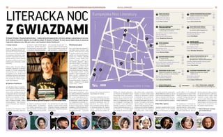 BEZPŁATNY BIULETYN INFORMACYJNY URZĘDU MIEJSKIEGO WROCŁAWIA NR 31 (144) – SIERPIEŃ 2023
BEZPŁATNY BIULETYN INFORMACYJNY URZĘDU MIEJSKIEGO WROCŁAWIA
10 11
LITERACKA NOC
Z GWIAZDAMI
10 książek, 10 miejsc i 10 gwiazd polskiej kultury – kolejna odsłona Europejskiej Nocy Literatury, jednego z najważniejszych wrocław-
skich wydarzeń literackich, odbędzie się w najbliższą sobotę, 19 sierpnia, na Hubach. Ten letni wieczór będzie okazją, by posłuchać
fragmentów najlepszej prozy. Odkryjcie razem z nami książkowy Gabinet Osobliwości!
I Paulina Czarnota
Program 12. edycji literackiego
święta przygotowała pisarka Syl-
wia Chutnik. Formuła Europejskiej
Nocy Literatury od pierwszej edy-
cji pozostaje niezmienna: frag-
menty 10 wybranych przez ku-
ratorkę tekstów czytane są przez
10 postaci polskiej kultury w 10
lokalizacjach wybranego osiedla
Wrocławia.
Pełną cudów i dziwów selekcję
kuratorki usłyszymy 19 sierpnia
od godz. 18. Kolejne czytania będą
rozpoczynały się co 30 minut, aż
do godziny 22.30. Dzięki temu
najbardziej wytrwali mają szansę,
by do końca dnia usłyszeć wszyst-
kich czytających! Udział w wyda-
rzeniu jest bezpłatny.
W Gabinecie Osobliwości
Nie zabraknie miejsca na opowie-
ści o ludziach, którzy zmieniają
dotychczasowy sposób patrze-
nia na świat i próbują wyrwać się
z napisanych dla nich scenariuszy.
W podróż do Europy XX wieku
zabierze nas fragment „Strasz-
liwej zieleni” Benjamina Laba-
tuta, a fragment książki „Zanim
dojrzeją granaty” Rene Karabasz
pozwoli odwiedzić nam albańskie
góry.
Za sprawą Tove Ditlevsen z Danii
i jej zbiorowi opowiadań „Moja żona
nie tańczy”, a także Szwedki Agnety
Pleijel, której „Wróżba. Wspomnie-
nia dziewczynki” prezentuje rzadki
w literaturze obraz dziewczyńsko-
ści, literacko zawędrujemy również
na daleką północ – do Skandyna-
wii. Polskę reprezentuje w tym
roku Zyta Rudzka i jej zachwycająca
niekonwencjonalną formą powieść
„Ten się śmieje, kto ma zęby”. Te-
goroczny program literacki pozwoli
nam nie tylko zwiedzić Europę, ale
udać się nawet w… kosmos! Na or-
bitę wystrzeli nas Ida Linde, która,
zgodnie z tytułem swojej książki
„Poleciały w kosmos”, pozwoli nam
przekroczyć z bohaterkami granice
naszej planety.
Wsłuchaj się w głosy
Jak co roku fragmenty interpreto-
wać będzie pięciu artystów i pięć
artystek. Wśród aktorów, którzy
19 sierpnia pojawią się na Hubach,
znaleźli się: Mirosław Zbrojewicz
(znany m.in. z filmów „Chłopaki
nie płaczą” i serialu „Szadź”), Piotr
Cyrwus („Fanatyk”, „Klan”), Ce-
zary Kosiński („Bogowie”, „Dług”)
oraz Mariusz Kiljan („Czas Hono-
ru”, „Leningrad”). Dołączy do nich
pisarz Łukasz Orbitowski („Kult”,
„Inna dusza”). Aktorki, których
interpretacji posłuchamy tego dnia,
to: Olga Bołądź („Matka”, „Służby
specjalne”), Edyta Jungowska („Na
dobre i na złe”, „Detektyw Bru-
no”), Magdalena Kumorek („Prze-
pis na życie”, „Poranek kojota”),
Justyna Wasilewska („Sztuka ko-
chania”, „Nieobecni”) i Pola Błasik
(„Prime Time”, „Polot”).
Wędrówka po Hubach
W tym roku Europejska Noc Lite-
ratury zagości na Hubach – osie-
dlu, gdzie przedwojenna zabudowa
jest zmieszana z budownictwem
PRL-u oraz kapitalizmu lat 90.,
a kwartały i ulice, pozornie do sie-
bie niepasujące, tworzą z tego cha-
osu wyjątkową historyczną i ar-
chitektoniczną mozaikę – świadka
trudnych losów miasta. Dzięki
współpracy z MPK Wrocław dotar-
cie na osiedle komunikacją miej-
ską będzie darmowe – 19 sierpnia
zamiast biletu wystarczy mieć ze
sobą książkę lub czytnik!
Uczestnicy Europejskiej Nocy Lite-
ratury będą mieli okazję odwiedzić
m.in. najstarszą wciąż działającą
zajezdnię tramwajową „GAJ” (ul.
Kamienna 74), jeden z budyn-
ków postindustrialnego Browa-
ru Mieszczańskiego (ul. Hubska
44/48) i wypełniony mistyczną
energią dojo Wrocław Aikikai (ul.
Hubska 20). Czytania zaplanowa-
no również na Dziedzińcu klubu
muzycznego Ciało, który zlokali-
zowany jest w monumentalnym
budynku Dyrekcji Kolei (ul. Joan-
nitów 13), w zabytkowej auli Insty-
tutu Pedagogiki i Psychologii UWr
(ul. Dawida 1) oraz najmłodszym
budynku licealnym w mieście –
Liceum Ogólnokształcącym nr V
(ul. Kuronia 14). 19 sierpnia będzie
także okazją do poznania osiedlo-
wej zieleni. Jedno z czytań zapla-
nowano w samym środku parku
Andersa (ul. Kamienna), a kolejne
w położonym w sercu osiedla par-
ku Goethego (ul. Przestrzenna 34).
Ten drugi park będzie dla nocy li-
teratury szczególną lokalizacją.
Oprócz jednego z czytań ugości on
również strefę literackiego relaksu.
Pojawi się tam mobilna księgarnia,
strefa gastronomiczna z dostępem
do świeżej wody, a także specjal-
ne punkty partnerów wydarzenia.
Miejska Biblioteka Publiczna, Biuro
Parlamentu Europejskiego we Wro-
cławiu oraz grupa Halo Huby szy-
kują dla odwiedzających atrakcje,
które uzupełnią literackie przeżycia.
Pokaz filmu i spacery
Szukający pozaliterackich wrażeń
powinni zajrzeć też do siedziby
Teatru Ad Spectatores (ul. Hubska
44/48), gdzie o 21.30 rozpocznie
się organizowany w ramach Polish
Cinema for Beginners pokaz filmu
„Lombard”, którego akcja dzieje się
w prawdziwym, górnośląskim „ga-
binecie osobliwości”.
We współpracy z Fundacją Ka-
tarynka zaplanowano także dwa
specjalne spacery – jeden z audio-
deskrypcją, drugi z tłumaczeniem
na Polski Język Migowy. Obie wę-
drówki połączone będą z wizyta-
mi na dostosowanych czytaniach.
Dodatkowo jedno z miejsc, przez
wszystkie 10 czytań, będzie wypo-
sażone w pętlę indukcyjną i pro-
jekcję napisów, a 9 z 10 lokalizacji
będą dostępne architektonicznie.
Organizatorem wydarzenia jest
Wrocławski Instytut Kultury.
› Więcej informacji na stronie
www.nocliteratury.pl
MATEUSZ TURE
K
A C G
D H
E I
F J
B
Sylwia Chutnik przygotowała program 12. edycji literackiego święta
DAWID
SKOCZYLAS
WROCŁAWSKI
INSTYTUT
KULTURY
SZYMON
SZC
Z
E
Ś
N
I
A
K
MAT. ARTYST
Y
KSAWERY ZA
M
O
Y
S
K
I
MAT ARTYST
K
I
I. GRZYBOW
S
K
A
GRZEGORZ G
O
Ł
Ę
B
I
O
W
S
K
I
PANIPAN
FO
T
O
G
R
A
F
I
A
MAT. ARTYST
K
I
MAT. ARTYST
Y
 