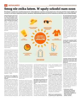 BEZPŁATNY BIULETYN INFORMACYJNY URZĘDU MIEJSKIEGO WROCŁAWIA
4 AKTUALNOŚCI
Nie tęsknijcie za upałami. Przy wysokich temperaturach i niskiej wilgotności w powietrzu wzrasta poziom ozonu. Letni smog potrafi być równie szkodliwy jak
ten zimą. Co o nim wiemy? Świętosławę Żyniewicz, specjalistkę z Wojewódzkiego Inspektoratu Ochrony Środowiska we Wrocławiu, pyta o to Maciej Wołodko.
Smog towarzyszy nam nie tyl-
ko zimą, kiedy palimy w pie-
cach. Latem problem zanie-
czyszczonego powietrza nie
znika. Dlaczego tak się dzieje?
Smog – rozumiany jako zła
jakość powietrza, może wy-
stępować o każdej porze roku.
Różnice wynikają z przyczyn
zanieczyszczenia powietrza oraz
rodzajów substancji, których
stężenia występują na wysokim
poziomie.
Zimą podstawową przyczyną
zanieczyszczenia powietrza jest
tzw. niska emisja, czyli emisja
zanieczyszczeń wprowadzanych
do powietrza kominami o nie-
wielkiej wysokości (umownie do
40 m). To właśnie te emisje są
odpowiedzialne za wysokie stę-
żenia rakotwórczego benzo(a)
pirenu oraz pyłu (w tym pyłów
zawieszonych PM10 i PM2,5, dla
których określone są poziomy
dopuszczalne).
Latem powietrze zanieczyszcza
transport drogowy, który jest
odpowiedzialny m.in. za wysoki
poziom dwutlenku azotu w po-
wietrzu. Problemem, szczegól-
nie w okresach suszy, może
być także zwiększone zapylenie
wywołane wtórnym unosze-
niem pyłu z różnego rodzaju
powierzchni. Może też wystąpić
zjawisko tzw. smogu letniego.
Wtedy o złym stanie powietrza
decyduje ozon oraz inne sub-
stancje wtórne. Tworzeniu ozo-
nu sprzyjają: silne usłonecznie-
nie, wysoka temperatura i niska
wilgotność powietrza, dlatego
w okresie letnim stężenia ozonu
są zwykle wysokie, a w okresie
zimowym - niskie.
Co wiemy o tzw. smogu let-
nim? Czy jest on szkodliwy dla
zdrowia?
Smog ten bywa nazywany tak-
że smogiem typu Los Angeles
ponieważ właśnie to miasto,
jako pierwsze, miało problem
z ozonem fotochemicznym na
dużą skalę. To, czy ozon jest
dla nas szkodliwy czy nie, za-
leży przede wszystkim od miej-
sca, w którym się znajduje.
Cząsteczki ozonu występujące
głównie w stratosferze (czyli od
10 do 50 km nad powierzchnią
Ziemi) w postaci tzw. warstwy
ozonowej chronią Ziemię przed
działaniem promieniowania
ultrafioletowego emitowanego
przez słońce. Natomiast ozon
powstający przy powierzchni
Ziemi (zwany ozonem tropos-
ferycznym lub przyziemnym),
którego prekursorami w więk-
szości są produkowane przez
człowieka zanieczyszczenia,
stanowi zagrożenie dla naszego
zdrowia oraz powoduje uszko-
dzenia roślin.
W słoneczne, gorące dni najwyż-
sze stężenia ozonu występują
najczęściej w godzinach 10-14,
w tym samym czasie przy bez-
chmurnym niebie ma miejsce
również największe promienio-
wanie UV. Podwyższone stężenie
ozonu w powietrzu może prowa-
dzić do reakcji zapalnych oczu
czy chorób dróg oddechowych,
w tym nasilenia objawów astmy
oraz zmniejszenia wydolności
płuc. Organizm człowieka broni
się przed przedostającym się do
płuc ozonem i zmniejsza ilość
wdychanego tlenu, co w konse-
kwencji może powodować nasile-
nie chorób układu krążenia. Ozon
może powodować senność, bóle
głowy i znużenie oraz spadek ci-
śnienia tętniczego krwi. Ponad-
to podwyższone stężenia ozonu
niszczą roślinność oraz przyspie-
szają korozję materiałów.
Jak badane jest powietrze we
Wrocławiu? Skąd czerpać in-
formacje o jego zanieczyszcze-
niu?
Pomiary ozonu troposferycz-
nego wykonywane są w ramach
Państwowego Monitoringu Śro-
dowiska. W Polsce funkcjonuje
ok. 100 stanowisk pomiaro-
wych zlokalizowanych na te-
renie całego kraju, z czego we
Wrocławiu ozon mierzony jest
w 2 stacjach: przy Wybrzeżu J.
Conrada-Korzeniowskiego (tzw.
stacja „tła miejskiego”) i przy
ul. Bartniczej (podmiejska sta-
cja ozonowa).
Główny Inspektorat Ochrony
Środowiska udostępnia wyniki
pomiarów stężeń ozonu przy-
ziemnego na portalu Jakość Po-
wietrza: www.powietrze.gios.
gov.pl oraz aplikację mobilną
Jakość powietrza w Polsce. Dane
są aktualizowane co godzinę
i są dostępne wraz z informacją
o potencjalnym wpływie stężeń
ozonu w powietrzu na zdrowie.
Zarówno na portalu, jak i w apli-
kacji mobilnej od 1 kwietnia do
30 września każdego roku do-
stępne są aktualne trzydniowe
prognozy zanieczyszczenia po-
wietrza ozonem troposferycz-
nym dla całej Polski oraz po-
szczególnych województw.
Mówi się, że zanieczyszczo-
ne powietrze jest zagrożeniem
dla osób aktywnych fizycznie,
uprawiających sport. Bo więcej
go wdychają. Czy to prawda?
Zanieczyszczone powietrze jest
zagrożeniem dla wszystkich
osób. Najbardziej narażone na
toksyczne działanie zanieczysz-
czonego powietrza są dzieci,
osoby starsze oraz chorzy na
astmę i inne dolegliwości ukła-
du oddechowego. Oczywiście,
może zaszkodzić również mło-
dym i zdrowym uprawiającym
aktywność fizyczną, m.in. ze
względu na większą wymianę
powietrza w trakcie wysiłku fi-
zycznego, a tym samym wdy-
chanie większej ilości zanie-
czyszczeń.
Czy jest coś, co możemy zrobić?
Jak zadbać o zdrowie podczas
letnich upałów?
Niestety, trudno jest uchronić
się przed nadmiernymi stęże-
niami zanieczyszczeń powietrza
w lecie – szczególnie w mia-
stach, gdzie jest znaczny ruch
samochodowy. W przypadku
ozonu, w upalne, bezwietrzne
dni w godzinach najwyższych
stężeń najlepiej unikać space-
rów na świeżym powietrzu oraz
ograniczać wysiłek fizyczny.
A jakiego rodzaju kroki mogą
podejmować samorządy, żeby
ograniczać zanieczyszczenie
powietrza?
Zarządy województw mają obo-
wiązek opracowania i aktualiza-
cji tzw. programów ochrony po-
wietrza. Dokumenty te, oprócz
szczegółowej analizy problemu
zanieczyszczenia powietrza
na danym obszarze, określają
szereg działań, których celem
jest poprawa jakości powietrza.
Działania te dotyczą: ograni-
czenia niskiej emisji (np. likwi-
dacja nieefektywnych pieców
węglowych), ograniczenia emi-
sji zanieczyszczeń z transportu
(np. modernizacja transpor-
tu publicznego, modernizacja
dróg, budowa systemu „parkuj
i jedź”), ograniczenia emisji
przemysłowej oraz szeroko ro-
zumianej edukacji.
› Informację o jakości
powietrza oraz miejskich
kampaniach dotyczących
jego ochrony znajdziesz na
www.wroclaw.pl/
zielony-wroclaw
Smog nie znika latem. W upały szkodzi nam ozon
UPAŁÓW
JAK ZADBAĆ
O SIEBIE PODCZAS
CHROŃ GŁOWĘ PRZED
PRZEGRZANIEM
NOŚ JASNE
I PRZEWIEWNE UBRANIA
CHROŃ OCZY PRZED
PROMIENIOWANIEM
SŁONECZNYM
UNIKAJ PRZEBYWANIA
NA SŁOŃCU
W GODZ. 11-15
STOSUJ
KREM Z FILTREM
WIETRZ MIESZKANIE
RANO I WIECZOREM
PIJ SYSTEMATYCZNIE,
NAJLEPIEJ WODĘ.
UNIKAJ ALKOHOLU
 