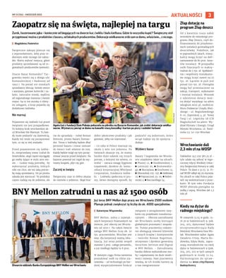 NR 13 (126) – KWIECIEŃ 2023
3
AKTUALNOŚCI
Żurek, faszerowane jajka – koniecznie od biegających na dworze kur, ćwikła i biała kiełbasa. Gdzie to wszystko kupić? Świąteczny stół
przygotowaćmożnazproduktówzbazaru,odlokalnychproducentów.Dekoracjewielkanocnezróbsamwdomu,właściwie...zniczego.
I Magdalena Pasiewicz
Świąteczne zakupy planuje się
z wyprzedzeniem, żeby przy ro-
dzinnym stole niczego nie zabra-
kło. Warto wybrać miejsca, gdzie
produkty sprzedawane są od re-
gionalnych producentów żywności.
Znacie Bazar Komandor? Tar-
gowisko mieści się u zbiegu ulic
Komandorskiej i Radosnej od
1992 r. Na ponad 100 stoiskach
sprzedawcy oferują: świeże owoce
i warzywa, gotowe kotleciki i sa-
łatki, naturalne miody, wędliny
od regionalnego masarza i świeże
mięso. Są tu też stoiska z różny-
mi usługami, a teraz pojawiła się
dodatkowo lodówka.
Nie marnuj
Pojawienie się lodówki tuż przed
świętami nie jest przypadkowe.
To kolejny krok wrocławskiej ak-
cji Wrocław Nie Marnuje. Tu każ-
dy może podzielić się żywnością.
Każdy też może się poczęstować
tym, co się w niej znalazło.
Przed pojawieniem się lodów-
ki, niesprzedany towar trafiał do
śmietników, skąd często wyciągały
go osoby żyjące w stylu zero wa-
ste. - Ludzie mają potrzebę, by
wykorzystać produkty, których
nikt nie chce, ale też taką potrze-
bę mają sprzedawcy. Im po prostu
szkoda jest wyrzucać. Te produkty
często nadają się do jedzenia, ale
nie do sprzedaży - mówi Roman
Rotnicki, prezes Bazaru Koman-
dor. Teraz o lodówkę będzie dbać
personel bazaru i towar zamiast
do śmieci trafi właśnie do niej.
Każdy będzie mógł się tym poczę-
stować jeszcze przed świętami. Na
bazarze powstał też regał do wy-
miany książek, płyt czy gier.
Zacznij w święta
Świąteczny czas to dobra okazja
do rozmów o jedzeniu. Skąd brać
dobre jakościowo produkty i jak
gotować, żeby nie marnować.
- Co roku w Polsce marnuje się
około 5 mln ton jedzenia. Po
świętach okazuje się, że mamy
bardzo dużo sałatek czy innych
potraw, z którymi nie wiemy, co
zrobić - zwraca uwagę Zygmunt
Łopalewski, dyrektor ds. komu-
nikacji korporacyjnej Whirlpool
Corporation, fundatora lodów-
ki. - Lodówka społeczna to pro-
sty, łatwo dostępny sposób, by
podzielić się jedzeniem, które
wciąż nadaje się do spożycia –
dodaje.
Wybierz bazar
Bazary i targowiska we Wrocła-
wiu znajdziesz także na ulicach:
◼ Ptasiej 12, ◼ Niedźwiedziej 1,
◼ Lotniczej 20, ◼ Broniewskie-
go, ◼ Skoczylasa, ◼ Grochowej 13,
◼ Obornickiej 235–237, ◼ Giełdowej
12, ◼ Poprzecznej 33–35, ◼ Robot-
niczej 2, ◼ Bacciarellego 54.
Zaopatrz się na święta, najlepiej na targu
BNY Mellon zatrudni u nas aż 1500 osób
Już teraz BNY Mellon daje pracę we Wrocławiu 2500 osobom.
Planuje jednak zwiększyć tę liczbę do ok. 4000 specjalistów.
I Katarzyna Wiązowska
BNY Mellon, jedna z najwięk-
szych korporacji finansowych na
świecie, jest obecny we Wrocła-
wiu od 2010 r. Na całym świecie
załoga BNY Mellon liczy ok. 50
tys. pracowników, Wrocław jest
więc dla korporacji ważną loka-
lizacją. Już teraz polski zespół
stanowi 5 proc. całego personelu,
a już niedługo będzie to 8 proc.
W dalszym ciągu firma zamierza
poszukiwać osób na różne sta-
nowiska – od technologii po bar-
dziej wyspecjalizowane funkcje
związane z zarządzaniem ryzy-
kiem czy projektami transforma-
cyjnymi. – Obecnie zatrudniamy
we Wrocławiu osoby kierujące
globalnymi procesami i zespoła-
mi. Tutejsi pracownicy codzien-
nie obsługują również klientów
z innych krajów i kontynentów
– twierdzi Roman Regelman,
wiceprezes i dyrektor generalny
Securities Services and Digital
w BNY Mellon. – Zatrudniamy
bardzo dobrze wykształcone oso-
by i zapewniamy im duże możli-
wości rozwoju. Nasi pracownicy
wiedzą, że ich ścieżki kariery są
u nas nieograniczone.
TOMASZ
HOŁOD
Agata Łoś z fundacji Dom Pokoju pokazała na pikniku na Bazarze Komandor, jak zrobić dekoracje wielka-
nocne. Wystarczy pociąć w domu na kawałki starą koszulkę i karton po pizzy i ozdobić farbami
Złap dotację na
program Złap deszcz
Od 3 kwietnia rusza nabór
wniosków do miejskiego pro-
gramu Złap Deszcz, czyli do-
finansowanie do przydomo-
wych instalacji gromadzących
deszczówkę. Podobnie, jak
w poprzednich latach, miesz-
kańcy mogą liczyć na dofi-
nansowanie do 80 proc. kosz-
tów instalacji. W przypadku
osób fizycznych to maksy-
malnie do 5 tys. zł. Spółdziel-
nie i wspólnoty mieszkanio-
we mogą liczyć nawet na 10
tys. zł. Łącznie w puli jest
ponad 550 tys. zł. Pieniądze
mogą być przeznaczone na
zakup, transport, wykonanie
i montaż instalacji. Wniosek
o udzielenie dotacji moż-
na złożyć wysyłając na adres
wke@um.wroc.pl, osobiście:
Biuro Podawcze Urzędu Miej-
skiego - ul. Bogusławskiego
8-10, Zapolskiej 4, pl. Nowy
Targ i ul. Legnicka 58 (CH
Magnolia)lub na adres: Wy-
dział Klimatu i Energii, Urząd
Miejski Wrocławia, ul. Świd-
nicka 53, 50-030 Wrocław
Wrocławianie dali
2,3 mln zł na WOŚP
Dokładnie 243 259 387,25 zł -
tyle udało się zebrać w tego-
rocznej edycji Wielkiej Orkie-
stry Świątecznej Pomocy w całej
Polsce. To dane z 31.03. 31. Fi-
nał WOŚP odbył się 29 stycznia.
Na ulicach w całej Polsce poja-
wili się wolontariusze z pusz-
kami. W tym roku Fundacja
WOŚP zbierała pieniądze na
walkę z sepsą. Wrocław dał 2,3
mln zł.
Kiedy na dyżur do
radnego miejskiego?
W czwartek 13.04 w godz. 15-
16.30 w Sukiennicach 9, pok.
204, 205, dyżurować będzie
wiceprzewodnicząca Rady
Miejskiej Wrocławia Ewa Wo-
lak. Wrocławskie radne: Agata
Gwadera-Urlep, Marta Ko-
złowska, Edyta Skuła, zapra-
szają mieszkańców na swój
dyżur w Sukiennicach 9 (pok.
204, 205, 211) w tych samych
godzinach w środę 12.04.
Harmonogram do spraw-
dzenia na wroc.city/Dyzury
Radnych2023.
BNY
MELLON
OtwarcieoddziałuBankuEuropejskiegoBNYMellonweWrocławiu
 