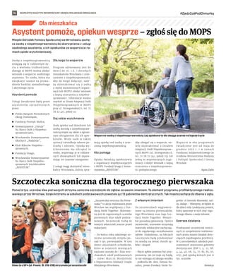 BEZPŁATNY BIULETYN INFORMACYJNY URZĘDU MIEJSKIEGO WROCŁAWIA #ZjedzCośPodChmurką
14
Miejski Ośrodek Pomocy Społecznej we Wrocławiu zachę-
ca osoby z niepełnosprawnością do skorzystania z usługi
osobistego asystenta, a ich opiekunów ze wsparcia w ra-
mach opieki wytchnieniowej.
Osoby z niepełnosprawnością
zmagają się w codziennym ży-
ciu z wieloma trudnościami,
dlatego w MOPS można złożyć
wniosek o wsparcie osobistego
asystenta. To osoba, która ma
zwiększyć szanse na prowa-
dzenie bardziej samodzielnego
i aktywnego życia.
Asystent pomoże
Usługi świadczone będą przez
asystentów zatrudnionych
przez:
	
◼ Polski Związek Niewidomych
Okręg Dolnośląski,
	
◼ Fundację Promyk Słońca,
	
◼ Stowarzyszenie „Ostoja”
Na Rzecz Osób z Niepełno-
sprawnościami,
	
◼ Wrocławskie Stowarzyszenie
Głuchych „Nadzieja”,
	
◼ Klub Kibiców Niepełno-
sprawnych,
	
◼ Fundację Imago,
	
◼ Wrocławskie Stowarzyszenie
Na Rzecz Osób Niepełno-
sprawnych Intelektualnie
„BONITUM”.
Dla kogo to wsparcie
Program adresowany jest do
dzieci do 16. r.ż. i dorosłych
mieszkańców Wrocławia z orze-
czeniem o niepełnosprawności.
Aby do niego dołączyć, nale-
ży skontaktować się z jedną
z wyżej wymienionych organi-
zacji lub MOPS i złożyć wniosek
z kopią orzeczenia o niepełno-
sprawności. Informacje można
uzyskać w Dziale Adaptacji Osób
Niepełnosprawnych w MOPS
przy ul. Strzegomskiej 6, tel. 71
78 22 417, pokój 111.
Daj sobie wytchnienie
Stała opieka nad dzieckiem lub
osobą dorosłą z niepełnospraw-
nością wiąże się także z ogrom-
nym obciążeniem dla ich opie-
kunów. Wiele osób w takiej
sytuacji zaniedbuje własne po-
trzeby i zdrowie. Opieka wy-
tchnieniowa ma odciążyć te
osoby, wspierając je w codzien-
nych obowiązkach lub zapew-
niając im czasowe zastępstwo.
Z usługi mogą skorzystać miesz-
kańcy Wrocławia, którzy spra-
wują opiekę nad osobą z orze-
czoną niepełnosprawnością.
Kto pomaga
Opiekę świadczą opiekunowie
z organizacji współpracujących
z MOPS: Fundacji Imago i Stowa-
rzyszenia „BONITUM”.
Aby ubiegać się o wsparcie, na-
leży skontaktować z Działem
Adaptacji Osób Niepełnospraw-
nych MOPS (ul. Strzegomska 6,
tel. 71 78 22 341, pokój 25) lub
jedną ze wspomnianych orga-
nizacji i złożyć wniosek z kopią
orzeczenia o niepełnosprawno-
ści podopiecznego.
Wsparcie w obu programach
świadczone jest od maja do
grudnia 2022 r. i w ramach
Funduszu Solidarnościowego ze
środków Ministerstwa Rodziny
i Polityki Społecznej i Gminy
Wrocław.
Agata Zięba
Dla mieszkańca
Ponad 6 tys. uczniów klas pierwszych otrzyma soniczne szczoteczki do zębów ze swoim imieniem. To element programu profilaktycznego realizo-
wanego przez Wrocław, dzięki któremu w szkołach podstawowych powstało już 13 gabinetów dentystycznych. Tak miasto zachęca do dbania o zęby.
„Szczoteczka soniczna dla Pierw-
szaka” to akcja realizowana przez
Wrocław we współpracy z Fun-
dacją Smile Together. Skierowa-
na jest do tegorocznych uczniów
pierwszych klas szkół podsta-
wowych. Szczoteczki trafią do
nowych właścicieli jeszcze przed
wakacjami.
– Do końca roku szkolnego so-
niczne szczoteczki otrzyma po-
nad 6 tys. pierwszaków. W tym
dzieci ukraińskich uchodźców,
które w ostatnich miesiącach
zapisane zostały do I klas wro-
cławskich szkół podstawowych
– mówi Marcin Miedziński
z Departamentu Edukacji Urzędu
Miejskiego Wrocławia.
Z własnym imieniem
Na szczoteczkach wygrawero-
wane są imiona pierwszaków,
logo Wrocławia oraz logo fun-
dacji Smile Together. Wszyst-
kie posiadają gwarancję. Oprócz
szczoteczki, uczniowie otrzymają
materiały edukacyjne zachęcają-
ce do regularnego szczotkowania
zębów. Dodatkowo, na lekcjach
nauczyciele będą przekazywać
im wiedzę na temat chorób zę-
bów i dziąseł.
– Mycie zębów powinno być przy-
jemnością. Jak coś staje się frajdą,
to nie wymaga aż takiego wysiłku
– podkreśla lek. dent. Damian Na-
sulicz, prezes Fundacji Smile To-
gether. A Dominik Kłosowski, rad-
ny, dodaje: - Wierzymy, że będzie to
dla dzieci miły i praktyczny prezent,
który zaszczepi w nich chęć regu-
larnego dbania o swoje zdrowie.
Szersze działania
Przekazanie szczoteczek sonicz-
nych to uzupełnienie realizowa-
nych przez miasto działań doty-
czących zapobiegania próchnicy.
W 13 wrocławskich szkołach pod-
stawowych otworzono gabinety
dentystyczne (ZSP 1, 3, 17, SP:
4, 44, 46, 68, 74, 77, 83, 85, 97,
103), pod opieką których jest 11
tys. uczniów.
Redakcja
Asystentpomoże,opiekunwesprze – zgłoś się do MOPS
Szczoteczka soniczna dla tegorocznego pierwszaka
Wsparcie osoby z niepełnosprawnością i jej opiekuna to dla obojga szansa na lepsze życie
SHUTTERSTOCK
Klasa Ia z SP 4 (ul. Powst. Śl. 210-218) otrzymała już szczoteczki
MACIEJ
KULCZYŃSKI
 