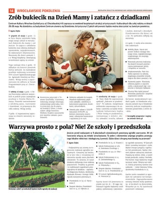 BEZPŁATNY BIULETYN INFORMACYJNY URZĘDU MIEJSKIEGO WROCŁAWIA
14 WROCŁAWSKIE POKOLENIA
Jeszcze przed wakacjami w 9 placówkach oświatowych powstaną ogródki warzywne. W ich
tworzenie włączą się młodzi wrocławianie. To jeden z elementów unijnego projektu promują-
cego lokalne rolnictwo i ekologiczną żywność. Gdzie dzieci chrupną marchewkę na przerwie?
I Agata Zięba
– Podpisaliśmy już umowę na te-
goroczne realizacje ogrodów wa-
rzywnych. Cieszymy się bardzo,
że w tym roku z inicjatywą ich
tworzenia wyszły same placówki
oświatowe. To oznacza, że nasze
działania zdobywają coraz większą
popularność. Projekty są gotowe
i w najbliższych tygodniach przy-
stępujemy do działania – zapowia-
da Małgorzata Brykarz, dyrektorka
Wydziału Klimatu i Energii UMW.
Ogrody warzywne powstaną w:
◼ Przedszkolu nr 59, ul. Narcy-
zowa 6
◼ Zespole Szkolno-Przedszkol-
nym nr 14, ul. Dębicka 31
◼ Przedszkolu nr 74, ul. Krzywa 3
◼ Szkole Podstawowej nr 108,
ul. Bolesława Chrobrego 3
◼ Przedszkolu nr 149, ul. Obor-
nicka 21
◼ Szkole Podstawowej nr 12,
ul. Janiszewskiego 14
◼ Szkole Podstawowej nr 64,
ul. Wojszycka 1
◼ Zespole Szkolno-Przedszkol-
nym nr 23, ul. Przedwiośnie 47
◼ VI Liceum Ogólnokształcącym,
ul. Hutnicza 45
Łączny koszt ich powstania to
prawie 240 tys. zł. – W ciągu naj-
bliższych tygodni będziemy mieli
piękny, zadrzewiony i zakrzewio-
ny ogródek warzywny. W kastrach
dzieci posadzą warzywa i zioła.
Będzie wisząca pergola z ogórka-
mi lub pomidorami, będzie rów-
nież pięknie zakręcony skalniak.
Pojawią się wiśnie, śliwy, a nawet
krzaki porzeczki, maliny i borówki.
Pod koniec maja będziemy mogli
zaczynać sianie. Wesprą nas rodzi-
ce, którzy przyniosą nasiona oraz
sadzonki – mówi Marzena Terka,
dyrektorka Przedszkola nr 74.
Oprócz wielu nasadzeń w ogro-
dach nie zabraknie też kompo-
stowników. Zagospodarowane
zostaną również wody opadowe,
np. w beczkach na deszczówkę.
Wszystko po to, by zazieleniać
przestrzeń i edukować.
Warzywa prosto z pola? Nie! Ze szkoły i przedszkola
Centrum Kultury Wrocław-Zachód przy ul. Chociebuskiej 4-6 zaprasza na weekend bezpłatnych atrakcji artystycznych i kulturalnych dla całej rodziny w dniach
26-28 maja. Na dziedzińcu za budynkiem Centrum otwiera się Dziedziniec Artystyczny! Z jakich aktywności będzie można skorzystać na świeżym powietrzu.
I Agata Zięba
W piątek 26 maja o godz. 17
w Dniu Mamy najmłodsi będą
mogli wziąć udział w warszta-
tach Bukiecik dla mamy i coś
jeszcze. To zajęcia z układania
bukietów oraz robienia drobnych
upominków, najpiękniejszych,
bo wykonanych własnoręcznie.
Warsztaty dla dzieci powyżej 7.
r.ż. Wstęp bezpłatny, obowiązują
wcześniejsze zapisy na stronie.
Tego samego dnia o godz. 18
odbędzie się koncert piosenek
Kaliny Jędrusik. Jej największe
przeboje wykonają uczniowie
XVII Liceum Ogólnokształcącego
im. Agnieszki Osieckiej we Wro-
cławiu. Wstęp wolny z zapro-
szeniami do odbioru w Dziale
Programowym przy ul. Chocie-
buskiej.
W sobotę 27 maja o godz. 11 Ba-
sia Piotrowska zabierze wszyst-
kich w podróż przez największe
przeboje z filmów Walta Di-
sneya. Piosenki zaaranżowane
z odrobiną jazzu, nastrojowe
i żywiołowe, to propozycja dla
całej rodziny. Wstęp wolny.
O godz. 12 organizatorzy zapra-
szają na otwarte warsztaty ro-
dzinne:
◼ Kosmiczne patyczaki z Te-
atrem Gracholka. Uczestnicy
wykonają swojego własnego,
unikatowego patyczaka, któ-
ry przyczyni się do popra-
wy kondycji Ziemi, a może
nawet całego kosmosu.
Wielkim finałem warsztatów
jest wspólne zabawo-para-
dowanie.
◼ Robienie zakładek do książek.
Wspólnie wykonamy papie-
rowe zakładki, ozdobimy je
kolorowymi papierami, korali-
kami, sznureczkami.
◼ Otwarty plac zabaw z LEGO®
Education DUPLO®, na
którym stworzymy zwario-
wane, robotyczne konstrukcje
i wprawimy je w ruch.
W niedzielę 28 maja o godz.
16 Teatr Małe Mi zaprezentuje
spektakl „Sokrates w piaskow-
nicy”. To radosne, rozśpiewane
widowisko zapraszające do za-
bawy i rozmowy na każdy temat.
Lalkowi bohaterowie Sophia
i Philo siedzą w piaskownicy,
rozmawiając o miłości, zło-
ści, odwadze i strachu, zabawie
i nudzie, dzieciach i dorosłych.
Przedstawienie dla dzieci od
3 lat. Po spektaklu odbędą się
warsztaty.
A o godz. 17 znów seria warszta-
tów rodzinnych:
◼ RobiMy Misie. Szycie jest
proste! Zróbcie swojego wła-
snego misia, najpiękniejszego,
oryginalnego, bo uszytego
własnoręcznie.
◼ Warsztaty plecenia makramy.
Na dużych formach przećwi-
czymy podstawowe sploty
i wiązania ze sznurka.
◼ Smykosensoryka. Pani Gra-
Natka zaprasza na zabawę,
angażującą wszystkie zmysły.
Zajęcia dla dzieci powyżej 2 lat.
◼ Kwiatowy papier. Warsztaty
robienia papieru z użyciem
roślin z okolicznych łąk i zie-
leńców z Zielnymi Babkami.
◼ Chcemy Was lepiej poznać!
Warsztaty plastyczne i wspólne
mapowanie osiedla.
Na koniec weekendowych spo-
tkań o godz. 19 Dziedziniec arty-
styczny zamieni się w Dziedziniec
taneczny podczas międzypoko-
leniowej potańcówki z setem dj-
-skim.
› Szczegóły programu i zapisy
na stronie ckwz.pl
Zrób bukiecik na Dzień Mamy i zatańcz z dziadkami
ADOBE
STOCK
UMW
Dziewięć szkół i przedszkoli będzie miało ogrody do wakacji
 