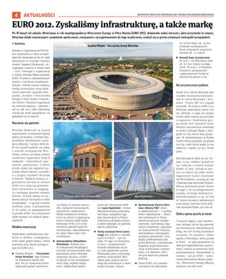 BEZPŁATNY BIULETYN INFORMACYJNY URZĘDU MIEJSKIEGO WROCŁAWIA
4 AKTUALNOŚCI
Po 10 latach od udziału Wrocławia w roli współgospodarza Mistrzostw Europy w Piłce Nożnej EURO 2012, doskonale widać korzyści, jakie przyniosło to miastu.
Wrocław dzięki inwestycjom i projektom społecznym, związanym z przygotowaniem do tego wydarzenia, znalazł się w gronie cenionych metropolii europejskich.
	
I Redakcja
Starania o organizację we Wrocła-
wiu wydarzenia o skali europej-
skiej lub światowej od lat 90. były
wpisywane w strategie rozwoju
miasta. Bogdan Zdrojewski, za-
rządzający miastem w latach 1990
– 2001, zabiegał o organizację
w stolicy Dolnego Śląska wystawy
EXPO. To jedna z najważniejszych
imprez o wymiarze międzynaro-
dowym. Jednak jeszcze większy
zasięg promocyjny mają wyda-
rzenia sportowe: igrzyska olim-
pijskie, mundial i mistrzostwa
Europy w Piłce Nożnej. Przyzna-
nie Polsce i Ukrainie organizacji
tej ostatniej imprezy – planowa-
nej na rok 2012, było olbrzymią
szansą dla miast gospodarzy, na
pokazanie się w świecie.
Marzenie się spełniło
Wrocław doskonale tę szansę
wykorzystał, przedstawił lepszą
ofertę niż Kraków, z którym bez-
pośrednio rywalizował o przy-
jęcie piłkarzy i tysięcy kibiców.
W ten sposób spełniło się jedno
z marzeń mieszkańców Wro-
cławia, którzy od władz miasta
oczekiwali organizacji dużych
wydarzeń – kulturalnych, spor-
towych, społecznych. Z jednej
strony miały one wypełnić po-
trzebę dobrej jakości rozrywki,
a z drugiej rozsławić Wrocław
w świecie. Zdobycie statusu or-
ganizatora meczów w ramach
EURO 2012 stało się przełomo-
wym momentem w osiągnię-
ciu wyższego poziomu rozwoju
miasta. To była okazja na zy-
skanie pozycji metropolii w skali
europejskiej – w grupie średniej
wielkości miast. Z perspektywy
10 lat widać, że zaangażowanie
w projekt EURO 2012 przyniosło
wiele korzyści na różnych płasz-
czyznach.
Wielkie inwestycje
Najbardziej spektakularne zdo-
bycze to obiekty i rozwiązania,
które widać gołym okiem, i które
powstały przy okazji przygoto-
wań do EURO 2012.
	
◼ Stadion Miejski – Tarczyński
Arena Wrocław. Jego budowa
na Pilczycach trwała trzy
lata. Na 40-tysięcznej arenie
regularnie grywa reprezenta-
cja Polski, to miejsce koncer-
tów, wydarzeń kulturalnych,
sportowych, społecznych.
Dzięki stadionowi możemy
teraz się starać o organizację
meczu otwarcia bądź finału
kobiecego EURO 2025.Przy
stadionie powstał węzeł ko-
munikacyjny, doprowadzono
do niego także nowe linie
tramwajowe.
	
◼ Autostradowa Obwodnica
Wrocławia. Budowa arte-
rii tranzytowej odciążającej
centrum od samochodów była
planowana zanim Wrocław
rozpoczął starania o EURO.
To ponad 35 km wielopasmo-
wych dróg, węzłów drogo-
wych. Najbardziej spekta-
kularnym elementem AOW
jest most Rędziński – blisko
dwukilometrowa przeprawa
nad Odrą, najwyższa tego
typu konstrukcja w Polsce.
Inwestycja odciążyła miasto,
a także wpłynęła na poprawę
jakości powietrza.
	
◼ Nowy terminal Portu Lotni-
czego jest jednym z najwięk-
szych w Polsce – 330 tys.
mkw. Po jego uruchomieniu
w 2012 r. przepustowość
lotniska zwiększyła się do
3,2 mln pasażerów rocznie.
Rozbudowa portu lotniczego
podnosi atrakcyjność Wro-
cławia jako miejsca docelo-
wego dla podróżnych z wielu
krajów Europy i świata.
	
◼ Rewitalizacja Dworca Wro-
cław Główny PKP. Jeden
z najładniejszych – a według
wielu najładniejszy – obiek-
tów kolejowych w Polsce
został gruntownie zmoder-
nizowany. Zachowując jego
walory zabytkowe, poprawio-
no funkcjonalność wnętrza,
wprowadzono rozwiązania
przyjazne podróżnym. Przy
okazji przebudowano plac
przed dworcem, wybudowano
wygodny węzeł komunika-
cyjny autobusowo-tramwa-
jowy, a w dawnym schro-
nie pod dworcem powstał
parking.
	
◼ Przed EURO 2012 zmoder-
nizowano lub wybudowa-
no 56 km dróg i ok. 50 km
torowisk tramwajowych.
Koszt wszystkich inwestycji
wyniósł ok. 7,3 mld zł.
	
◼ Rozwój bazy turystycznej.
W 2010 r. we Wrocławiu było
ok. 8,7 tys. miejsc noclego-
wych. W 2020 r. w hotelach,
hostelach, pensjonatach
i apartamentach liczba ta
wzrosła do ponad 13 tys.
Na turystycznym podium
Przed 2012 rokiem Wrocław jako
ośrodek turystyczny funkcjono-
wał w cieniu Warszawy i Kra-
kowa. Finały ME ten pogląd
zmieniły. W trakcie EURO 2012
Wrocław odwiedziło około 700
tys. kibiców, z czego 300 tysięcy
fanów piłki nożnej przyjechało
z zagranicy. Największą gru-
pę wśród nich stanowili Czesi,
których reprezentacja mieszkała
w stolicy Dolnego Śląska i roze-
grała tu trzy mecze fazy grupo-
wej. W zlokalizowanej w Rynku
Strefie Kibica pojawiło się ponad
650 tys. osób, które zjadły 30 ton
jedzenia i wypiły 150 tys. litrów
piwa.
Wrocław gościł także 40 tys. Ro-
sjan, 15 tys. Greków i ponad 100
tys. kibiców z innych krajów.
Blisko 75 proc. zostało w mie-
ście na więcej niż jeden dzień.
Zagraniczni turyści zauroczyli
się Wrocławiem, wracają do nas
i polecają taką wycieczkę bliskim.
Koszty poniesione przez miasto
w ciągu 5 lat na przygotowanie
turnieju, nie licząc inwestycji in-
frastrukturalnych, to ok. 40 mln
zł. Suma transakcji wykonanych
przy okazji imprezy przez kibi-
ców wyniosła blisko 400 mln zł.
Dobra opinia poszła w świat
I wreszcie legacy, czyli dziedzic-
two, którego nie da się zmierzyć
ani kilometrami wybudowanych
dróg, ani też liczbą przybyłych
turystów. To zaufanie i dobra
opinia o Wrocławiu, która poszła
w świat – że jego gospodarze są
dobrymi organizatorami, gościn-
nymi i można im powierzać duże
przedsięwzięcia. Potwierdziły to
zresztą – już po EURO – wyda-
rzenia Mistrzostw Świata siatka-
rzy i Mistrzostw Europy piłkarzy
ręcznych czy ESK 2016.
EURO 2012. Zyskaliśmy infrastrukturę, a także markę
WWW.WROCLAW.PL
(2),
JANUSZ
KRZESZOWSKI
(1)
Stadion Miejski – Tarczyński Arena Wrocław
Dworzec Wrocław Główny PKP Most Rędziński
 