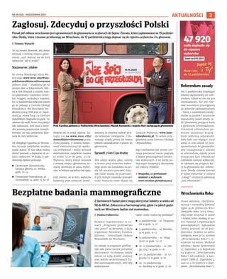 NR 39 (152) – PAŹDZIERNIK 2023
3
AKTUALNOŚCI
Ponad pół miliona wrocławian jest uprawnionych do głosowania w wyborach do Sejmu i Senatu, które zaplanowano na 15 paździer-
nika. Osoby, które czasowo przebywają we Wrocławiu, do 12 października mogą dopisać się do rejestru wyborców i tu głosować.
I Tomasz Wysocki
To już ostatni dzwonek, aby złożyć
wniosek o zmianę miejsca głoso-
wania, czyli dopisać się do listy
wyborców. Jak to zrobić?
Stacjonarnie i zdalnie
Ze strony Miejskiego Biura Wy-
borczego www.wroc.city/Wnio-
sekZmianaMiejscaGlosowania
pobierz druk – znajdziesz go na
samym dole w Załącznikach, klik-
nij w link Wniosek o zmianę miej-
sca głosowania (czerwona czcion-
ka), ściągnij, wydrukuj i wypełnij.
Do 12 października włącznie zanieś
go do jednego z Centrów Obsługi
Mieszkańca. We Wrocławiu wy-
dłużono pracę COM przy ul. Zapol-
skiej, pl. Nowy Targ i w Centrum
Handlowym Magnolia do godz. 19,
właśnie dla osób, które chcą złożyć
taki dokument. Jeśli dane z wnio-
sku zostaną pozytywnie zweryfi-
kowane, od razu zostaniesz dopi-
sany do listy wyborców.
Od ubiegłego tygodnia po Wrocła-
wiu kursuje zabytkowy autobus
marki Ikarus. W nim także można
złożyć wniosek o dopisanie do re-
jestru wyborców. W środę, 11 paź-
dziernika będzie parkował:
◼ Uniwersytet Ekonomiczny,
kampus główny, ul. Wielka,
godz. 10-14,
◼ Uniwersytet Przyrodniczy, pl.
Grunwaldzki 24, godz. 14.30-18.
Możesz też to zrobić zdalnie. Za-
loguj się na www.wroc.city/
ZmienMiejsceGlosowania przez:
Profil zaufany, e-dowód, banko-
wość elektroniczną lub aplika-
cję mObywatel i wyślij wniosek
elektronicznie; najpóźniej możesz
to zrobić 12.10 do godz. 23.59.
Wyborca, który złożył wniosek
o zmianę miejsca głosowania, zo-
stanie skreślony ze spisu wybor-
ców, w którym uprzednio był ujęty.
Jeśli wiemy, że w dniu wyborów
będziemy poza miejscem zamel-
dowania, to możemy wybrać jesz-
cze łatwiejsze rozwiązanie. Z do-
wolnego urzędu gminy lub miasta
pobierz zaświadczenie o prawie do
głosowania.
Sprawdź, z kim Ci po drodze
Aby oddać ważny głos, należy
w kratce przy nazwisku wybra-
nego przez nas kandydata na po-
sła lub senatora postawić krzy-
żyk (linie muszą się przecinać).
A przy którym nazwisku postawić
znak? Pomocny może okazać się
Latarnik Wyborczy: www.latar-
nikwyborczy.pl. To serwis przy-
gotowany przez Centrum Edukacji
Obywatelskiej.
Jego mechanizm jest prosty i po-
maga porównać nasze poglądy
z ideami poszczególnych komite-
tów wyborczych. Z tej formy po-
litycznych korepetycji skorzystały
już miliony Polaków.
› Wszystko, co powinieneś
wiedzieć o wyborach:
www.wroclaw.pl/wybory2023
Zagłosuj. Zdecyduj o przyszłości Polski
Bezpłatne badania mammograficzne
Z darmowych badań piersi mogą skorzystać kobiety w wieku od
50 do 69 lat. Zobaczcie w harmonogramie, gdzie i w jakich godzi-
nach we Wrocławiu będzie stał mammobus.
I Paulina Falkiewicz
Badania organizowane w ra-
mach „Programu profilaktyki
raka piersi” są darmowe, a akcję
organizuje Narodowy Fundusz
Zdrowia – Dolnośląski Oddział
Wojewódzki we Wrocławiu.
Do udziału w programie profilak-
tyki raka piersi nie jest potrzebne
skierowanie. Na badanie należy
zabrać ze sobą dowód osobisty
oraz wyniki wcześniejszych ba-
dań mammograficznych, jeśli były
wykonywane.
Gdzie i kiedy można się przebadać?
◼ 11 października – ul. Długosza
68 w godz. 9-17
◼ 11 października – ul. Bardzka
1a w godz. 9-17
◼ 12 października – ul. Długa
37/47 w godz. 12-17
◼ 18-19 października – ul. Dłu-
ga 37/47 w godz. 9-16
◼ 20-23 października – ul. Le-
gnicka 62 w godz. 9-16
◼ 24-25 października –
ul. Bardzka 1a w godz. 9-16.
OLEKSANDR
POLIAKOVSKY
Prof.KarolinaJaklewiczzPolitechnikiWrocławskiejiMaciekKurowickizzespołuHurtzachęcajądogłosowania
Referendum: zasady
Na 15 października urzędujące
władze zaplanowały też refe-
rendum. Udział w nim nie jest
obowiązkowy. Nie jest rów-
nież warunkiem przystąpienia
do wyborów parlamentarnych
– karty z nazwiskami kandy-
datów na posłów i senatorów
dostaniemy nawet wtedy, je-
śli odmówimy przyjęcia karty
z pytaniami referendalnymi.
Uczestnik referendum po-
winien zaznaczyć krzyży-
kiem wybraną odpowiedź.
Żeby było ono wiążące, musi
wziąć w nim udział 50 proc.
uprawnionych do głosowania.
Aby zrezygnować z udziału
w referendum, należy przed
przyjęciem kart oświadczyć
członkowi komisji wyborczej,
że odmawia się przyjęcia kar-
ty do głosowania dot. referen-
dum. Wtedy członek komisji
w spisie wyborców w rubryce
„Uwagi” umieszcza adnotację
„bez referendum”.
Wrocławianka Roku
Znasz aktywną, charyzma-
tyczną i niezwykłą kobietę?
Zgłoś ją do plebiscytu Wro-
cławianka Roku 2023. Statu-
etkę może otrzymać w sumie
7 kobiet, które działają w na-
uce, biznesie i organizacjach
pozarządowych. Zgłoszenie
należy przesłać do 16 paź-
dziernika: mejlowo na adres:
wzd@um.wroc.pl (z tytułem
„Wrocławianka Roku”), li-
stownie na adres: Wydział
Zdrowia i Spraw Społecznych
ul. Zapolskiej 4 (z dopiskiem
na kopercie „Wrocławianka
Roku”) lub osobiście: w kan-
celarii UMW ul. Zapolskiej 4,
sala nr 4 (w kopercie z dopi-
skiem „Wrocławianka Roku”).
SHUTTERSTOCK
 