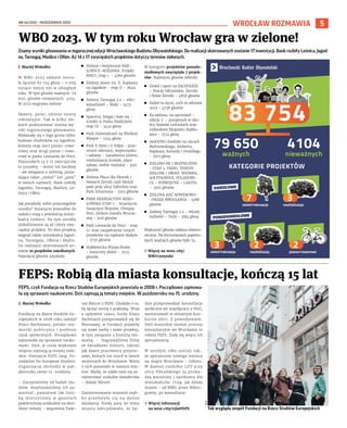 NR 40 (153) – PAŹDZIERNIK 2023
5
WROCŁAW ROZMAWIA
Znamy wyniki głosowania w tegorocznej edycji Wrocławskiego Budżetu Obywatelskiego. Do realizacji skierowanych zostanie 17 inwestycji. Bank rozbiły Leśnica, Jagod-
no, Tarnogaj, Maślice i Ołbin. Aż 14 z 17 zwycięskich projektów dotyczy terenów zielonych.
I Maciej Wołodko
W WBO 2023 oddane zosta-
ły łącznie 83 754 głosy – o trzy
tysiące mniej niż w ubiegłym
roku. W tym głosów ważnych: 79
650, głosów nieważnych: 4104.
W 2023 wygrywa zielone
Skwery, parki, zielone tereny
rekreacyjne. Tak w kilku sło-
wach podsumować można wy-
niki tegorocznego głosowania.
Wyłamały się z tego grona tylko:
budowa chodników na Jagodnie,
kolejny etap sieci pieszo-rowe-
rowej oraz drogi piesze i rowe-
rowe w parku Leonarda da Vinci.
Pozostałych 14 z 17 zwycięzców
to projekty – mniej lub bardziej
– ale związane z zielenią, posia-
dające także „zieleń” lub „park”
w swoich nazwach. Bank rozbiły
Jagodno, Tarnogaj, Maślice, Le-
śnica i Ołbin.
Jak poradziły sobie poszczególne
osiedla? Najwięcej powodów do
radości mają z pewnością miesz-
kańcy Leśnicy. Na tym osiedlu
zlokalizowane są aż cztery zwy-
cięskie projekty. Po dwa projekty
wygrali także mieszkańcy Jagod-
na, Tarnogaju, Ołbina i Maślic.
Do realizacji skierowanych zo-
stanie 10 projektów osiedlowych.
Najwięcej głosów uzyskały:
◼ Zielone i bezpieczne KAR-
ŁOWICE-RÓŻANKA. Projekt
MAŁY, etap 1. – 4189 głosów
◼ Zielony skwer im. E. Kajdasza
na Jagodnie – etap II – 3649
głosów
◼ Zielony Tarnogaj 2.0 – #Ko-
lejnaZieleń – Mały – 3472
głosy
◼ Spaceruj, biegaj i baw się -
ścieżki w Parku Maślickim
etap III - 3432 głosy
◼ Park Doświadczeń na Wielkiej
Wyspie - 3324 głosy
◼ Park E.Stein i S.Tołpy - prze-
strzeń rekreacji, wypoczynku
i zabawy - nasadzenia zieleni,
rewitalizacja ścieżek, place
zabaw, meble miejskie - 3321
głosów
◼ Zielone Płuca dla Złotnik i
Nowych Żernik czyli Motyli
park przy ulicy Dębickiej oraz
Park Scharouna - 3255 głósów
◼ PARK REKREACYJNY MIKO-
ŁOWSKA ETAP 2 - Strachocin
Swojczyce Wojnów, Olimpia
Port, Zielone Osiedla Wrocła-
wia - 3118 głosów
◼ Park Leonarda da Vinci - etap
5+ oraz uzupełnienie innych
projektów na Gądowie Małym
- 2735 głosów
◼ Stabłowicka Wyspa Rodos
- kwiecisty skwer - 2555
głosów.
W kategorii projektów ponado-
siedlowych zwyciężyło 7 projek-
tów. Najwięcej głosów zebrały:
◼ Zieleń i sport na ZACHODZIE
– Pracze Odrzańskie, Żerniki
i Nowe Żerniki – 4858 głosów
◼ Zieleń to życie, ruch to zdrowie
2023 – 4758 głosów
◼ Na zielono, na sportowo! –
edycja 2. – pumptrack w oko-
licy Stawów Leśnickich oraz
rozbudowa Ekoparku Stabło-
wice – 3732 głosy
◼ JAGODNO chodniki na ulicach
Malinowskiego, Szuberta,
Kajdasza, Komedy i Vivaldiego
- 3503 głosy
◼ ZIELONO MI I BEZPIECZNIE
- ETAP 5. PARKI, TERENY
ZIELONE I DROGI. WIDAWA,
SOŁTYSOWICE, POLANOWI-
CE – POŚWIĘTNE – LIGOTA
- 3501 głosów
◼ ZIELONA SIEĆ ROWEROWO-
-PIESZA WROCŁAWIA - 3288
głosów
◼ Zielony Tarnogaj 2.0 - #Kolej-
naZieleń – Duży - 3184 głosy.
Większość głosów oddano elektro-
nicznie. Na formularzach papiero-
wych ważnych głosów było 74.
› Więcej na wroc.city/
WBO23wyniki
WBO 2023. W tym roku Wrocław gra w zielone!
FEPS, czyli Fundacja na Rzecz Studiów Europejskich powstała w 2008 r. Początkowo zajmowa-
ła się sprawami naukowymi. Dziś zajmują ją tematy miejskie. W październiku ma 15. urodziny.
I Maciej Wołodko
Fundację na Rzecz Studiów Eu-
ropejskich w 2008 roku założył
Klaus Bachmann, polsko-nie-
miecki publicysta i profesor
nauk społecznych. Początkowo
zajmowała się sprawami nauko-
wymi. Dziś, w coraz większym
stopniu zajmują ją tematy miej-
skie. Poznajcie FEPS (ang. Fo-
undation for European Studies).
Organizacja obchodzi w paź-
dzierniku swoje 15. urodziny.
– Zaczynaliśmy od badań me-
diów. Analizowaliśmy ich za-
wartość, pamiętam jak linij-
ką mierzyliśmy w gazetach
powierzchnię artykułów na okre-
ślone tematy – wspomina Tade-
usz Mincer z FEPS. Chodziło o to,
by łączyć teorię z praktyką. Wraz
z upływem czasu, kiedy Klaus
Bachmann przeprowadził się do
Warszawy, w Fundacji pojawiły
się nowe osoby i nowe projekty,
w tym związane z historią mó-
wioną. – Nagrywaliśmy filmy
ze świadkami historii, takimi
jak dawni pracownicy przymu-
sowi, których los rzucił w latach
wojennych do Wrocławia. Wielu
z nich pozostało w naszym mie-
ście. Myślę, że udało nam się za-
rejestrować unikalne świadectwa
– dodaje Mincer.
Zainteresowanie miastem szyb-
ko przełożyło się na dalsze
działania. Kiedy parę lat temu
miasto zdecydowało, że bę-
dzie przeprowadzać konsultacje
społeczne we współpracy z NGO,
wystartowali w otwartym kon-
kursie ofert. Z powodzeniem.
Dziś wszystkie niemal procesy
konsultacyjne we Wrocławiu to
robota FEPS. Stały się wręcz ich
specjalnością.
W zeszłym roku zostali tak-
że operatorem nowego miejsca
na mapie Wrocławia – Odlotu.
W dawnej siedzibie LOT przy
ulicy Piłsudskiego 34 prowa-
dzą warsztaty i spotkania dla
mieszkańców. Uczą, jak działa
miasto – od WBO, przez Mikro-
granty, po konsultacje.
› Więcej informacji
na wroc.city/15latFEPS
FEPS: Robią dla miasta konsultacje, kończą 15 lat
FEPS
Tak wygląda zespół Fundacji na Rzecz Studiów Europejskich
 