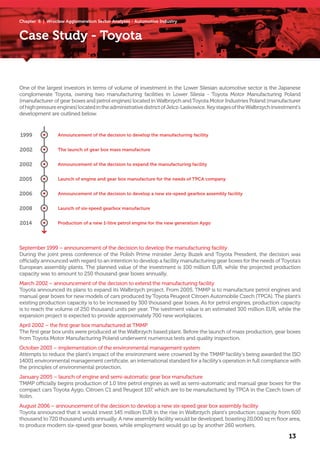 Chapter 6 | Wrocław Agglomeration Sector Analyses - Automotive Industry
Case Study - Toyota
13
One of the largest investors in terms of volume of investment in the Lower Silesian automotive sector is the Japanese
conglomerate Toyota, owning two manufacturing facilities in Lower Silesia - Toyota Motor Manufacturing Poland
(manufacturer of gear boxes and petrol engines) located inWałbrzych andToyota Motor Industries Poland (manufacturer
ofhighpressureengines)locatedintheadministrativedistrictofJelcz-Laskowice.KeystagesoftheWałbrzychinvestment’s
development are outlined below.
September 1999 – announcement of the decision to develop the manufacturing facility
During the joint press conference of the Polish Prime minister Jerzy Buzek and Toyota President, the decision was
officially announced with regard to an intention to develop a facility manufacturing gear boxes for the needs of Toyota’s
European assembly plants. The planned value of the investment is 100 million EUR, while the projected production
capacity was to amount to 250 thousand gear boxes annually.
March 2002 – announcement of the decision to extend the manufacturing facility
Toyota announced its plans to expand its Wałbrzych project. From 2005, TMMP is to manufacture petrol engines and
manual gear boxes for new models of cars produced by Toyota Peugeot Citroen Automobile Czech (TPCA). The plant’s
existing production capacity is to be increased by 300 thousand gear boxes. As for petrol engines, production capacity
is to reach the volume of 250 thousand units per year. The ivestment value is an estimated 300 million EUR, while the
expansion project is expected to provide approximately 700 new workplaces.
April 2002 – the first gear box manufactured at TMMP
The first gear box units were produced at the Wałbrzych based plant. Before the launch of mass production, gear boxes
from Toyota Motor Manufacturing Poland underwent numerous tests and quality inspection.
October 2003 – implementation of the environmental management system
Attempts to reduce the plant’s impact of the environment were crowned by the TMMP facility’s being awarded the ISO
14001 environmental management certificate, an international standard for a facility’s operation in full compliance with
the principles of environmental protection.
January 2005 – launch of engine and semi-automatic gear box manufacture
TMMP officially begins production of 1.0 litre petrol engines as well as semi-automatic and manual gear boxes for the
compact cars Toyota Aygo, Citroen C1 and Peugeot 107, which are to be manufactured by TPCA in the Czech town of
Kolin.
August 2006 – announcement of the decision to develop a new six-speed gear box assembly facility
Toyota announced that it would invest 145 million EUR in the rise in Wałbrzych plant’s production capacity from 600
thousand to 720 thousand units annually. A new assembly facility would be developed, boasting 20,000 sq m floor area,
to produce modern six-speed gear boxes, while employment would go up by another 260 workers.
Announcement of the decision to develop the manufacturing facility1999
The launch of gear box mass manufacture2002
Announcement of the decision to expand the manufacturing facility2002
Launch of engine and gear box manufacture for the needs of TPCA company2005
2006 Announcement of the decision to develop a new six-speed gearbox assembly facility
2008 Launch of six-speed gearbox manufacture
2014 Production of a new 1-litre petrol engine for the new generation Aygo
 