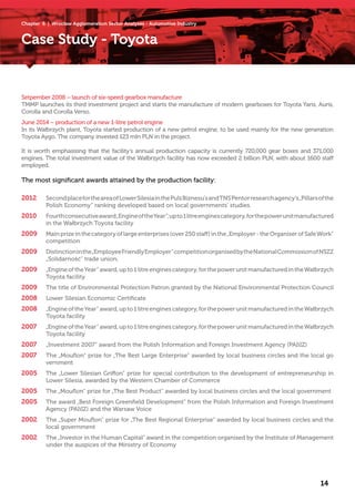 Chapter 6 | Wrocław Agglomeration Sector Analyses - Automotive Industry
Case Study - Toyota
14
Setpember 2008 – launch of six-speed gearbox manufacture
TMMP launches its third investment project and starts the manufacture of modern gearboxes for Toyota Yaris, Auris,
Corolla and Corolla Verso.
June 2014 – production of a new 1-litre petrol engine
In its Wałbrzych plant, Toyota started production of a new petrol engine, to be used mainly for the new generation
Toyota Aygo. The company invested 123 mln PLN in the project.
It is worth emphasising that the facility’s annual production capacity is currently 720,000 gear boxes and 371,000
engines. The total investment value of the Wałbrzych facility has now exceeded 2 billion PLN, with about 1600 staff
employed.
The most significant awards attained by the production facility:
2012	 SecondplacefortheareaofLowerSilesiainthePulsBiznesu’sandTNSPentorresearchagency’s„Pillarsofthe
	 Polish Economy” ranking developed based on local governments’ studies.
2010	 Fourthconsecutiveaward„EngineoftheYear”,upto1litreenginescategory,forthepowerunitmanufactured
	 in the Wałbrzych Toyota facility
2009	 Mainprizeinthecategoryoflargeenterprises(over250staff)inthe„Employer-theOrganiserofSafeWork”
	competition
2009	 Distinctioninthe„EmployeeFriendlyEmployer”competitionorganisedbytheNationalCommissionofNSZZ
	 „Solidarność” trade union.
2009	 „EngineoftheYear”award,upto1litreenginescategory,forthepowerunitmanufacturedintheWałbrzych
	 Toyota facility
2009	 The title of Environmental Protection Patron granted by the National Environmental Protection Council
2008	 Lower Silesian Economic Certificate
2008	 „EngineoftheYear”award,upto1litreenginescategory,forthepowerunitmanufacturedintheWałbrzych
	 Toyota facility
2007	 „EngineoftheYear”award,upto1litreenginescategory,forthepowerunitmanufacturedintheWałbrzych
	 Toyota facility
2007	 „Investment 2007” award from the Polish Information and Foreign Investment Agency (PAIiIZ)
2007	 The „Mouflon” prize for „The Best Large Enterprise” awarded by local business circles and the local go
	 vernment
2005	 The „Lower Silesian Griffon” prize for special contribution to the development of entrepreneurship in
	 Lower Silesia, awarded by the Western Chamber of Commerce
2005	 The „Mouflon” prize for „The Best Product” awarded by local business circles and the local government
2005	 The award „Best Foreign Greenfield Development” from the Polish Information and Foreign Investment
	 Agency (PAIiIZ) and the Warsaw Voice
2002	 The „Super Mouflon” prize for „The Best Regional Enterprise” awarded by local business circles and the
	 local government
2002	 The „Investor in the Human Capital” award in the competition organised by the Institute of Management
	 under the auspices of the Ministry of Economy
 