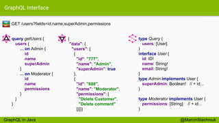 GraphQL Interface
GET /users?fields=id,name,superAdmin,permissions
type Query {
users: [User]
}
interface User {
id: ID!
name: String!
email: String!
}
type Admin implements User {
superAdmin: Boolean! // + id...
}
type Moderator implements User {
permissions: [String] // + id...
}
{
"data": {
"users": [
{
"id": "777",
"name": "Admin",
"superAdmin": true
},
{
"id": "888",
"name": "Moderator",
"permissions": [
"Delete Customer",
"Delete comment"
]}]}}
query getUsers {
users {
... on Admin {
id
name
superAdmin
}
... on Moderator {
id
name
permissions
}
}
}
RE
ST
@MarcinStachniukGraphQL in Java
 