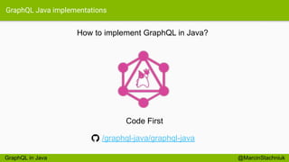 GraphQL Java implementations
How to implement GraphQL in Java?
@MarcinStachniuk
/graphql-java/graphql-java
Code First
GraphQL in Java
 