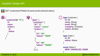 GraphQL Simple API
GET /customers/2?fields=id,name,email,orders(id,status)
type Customer {
id: ID!
name: String!
email: String!
company: Company
orders: [Order]
}
type Order {
id: ID!
status: Status
}
enum Status {
NEW, CANCELED, DONE
}
{
"data": {
"customer": {
"id": "2",
"name": "name",
"orders": [
{
"id": "55",
"status": "NEW"
},
{
"id": "66",
"status": "DONE"
}
] } } }
{
customer(id: "2") {
id
name
orders {
id
status
}
}
}
RE
ST
@MarcinStachniukGraphQL in Java
 