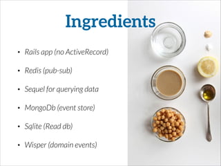 Ingredients
• Rails app (no ActiveRecord)
• Redis (pub-sub)
• Sequel for querying data
• MongoDb (event store)
• Sqlite (Read db)
• Wisper (domain events)
 