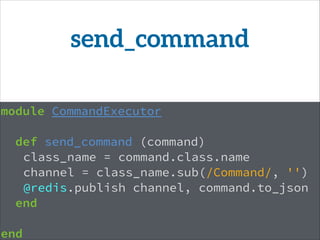 module CommandExecutor
!
def send_command (command)
class_name = command.class.name
channel = class_name.sub(/Command/, '')
@redis.publish channel, command.to_json
end
!
end
send_command
 