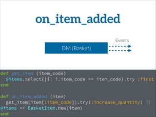 def get_item (item_code)
@items.select{|i| i.item_code == item_code}.try :first
end
!
def on_item_added (item)
get_item(item[:item_code]).try(:increase_quantity) ||
@items << BasketItem.new(item)
end
on_item_added
DM (Basket)
Events
 