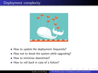Deployment complexity
How to update the deployment frequently?
How not to break the system while upgrading?
How to minimiz...