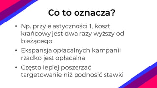 • Np. przy elastyczności 1, koszt
krańcowy jest dwa razy wyższy od
bieżącego
• Ekspansja opłacalnych kampanii
rzadko jest opłacalna
• Często lepiej poszerzać
targetowanie niż podnosić stawki
Co to oznacza?
 