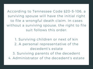 According to Tennessee Code §20-5-106, a
surviving spouse will have the initial right
to file a wrongful death claim. In cases
without a surviving spouse, the right to file
suit follows this order:
1. Surviving children or next of kin
2. A personal representative of the
decedent's estate
3. Surviving parents of the decedent
4. Administrator of the decedent's estate
 