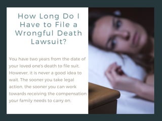 How Long Do I
Have to File a
Wrongful Death
Lawsuit?
You have two years from the date of
your loved one's death to file suit.
However, it is never a good idea to
wait. The sooner you take legal
action, the sooner you can work
towards receiving the compensation
your family needs to carry on.
 