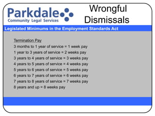 Termination Pay
3 months to 1 year of service = 1 week pay
1 year to 3 years of service = 2 weeks pay
3 years to 4 years of service = 3 weeks pay
4 years to 5 years of service = 4 weeks pay
5 years to 6 years of service = 5 weeks pay
6 years to 7 years of service = 6 weeks pay
7 years to 8 years of service = 7 weeks pay
8 years and up = 8 weeks pay
Legislated Minimums in the Employment Standards Act
Wrongful
Dismissals
 