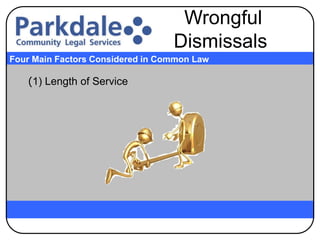 (1) Length of Service
Four Main Factors Considered in Common Law
Wrongful
Dismissals
 