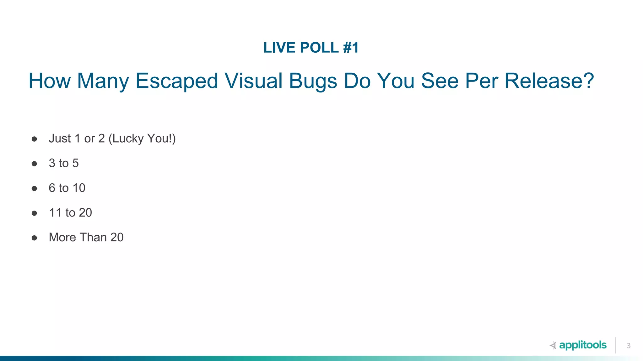 LIVE POLL #1
How Many Escaped Visual Bugs Do You See Per Release?
3
● Just 1 or 2 (Lucky You!)
● 3 to 5
● 6 to 10
● 11 to 20
● More Than 20
 