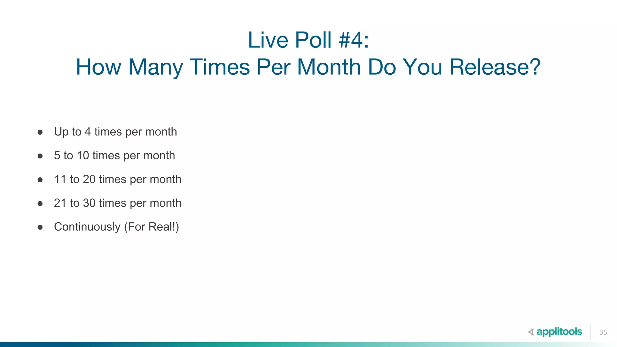 Live Poll #4:
How Many Times Per Month Do You Release?
35
● Up to 4 times per month
● 5 to 10 times per month
● 11 to 20 times per month
● 21 to 30 times per month
● Continuously (For Real!)
 