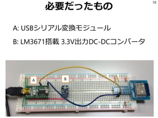 必要だったもの
A: USBシリアル変換モジュール
B: LM3671搭載 3.3V出力DC-DCコンバータ
10
A B
 