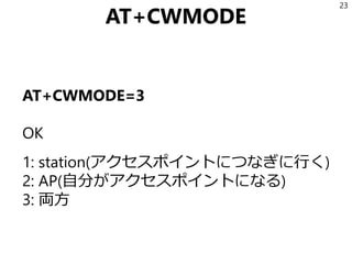 AT+CWMODE
AT+CWMODE=3
OK
1: station(アクセスポイントにつなぎに行く)
2: AP(自分がアクセスポイントになる)
3: 両方
23
 